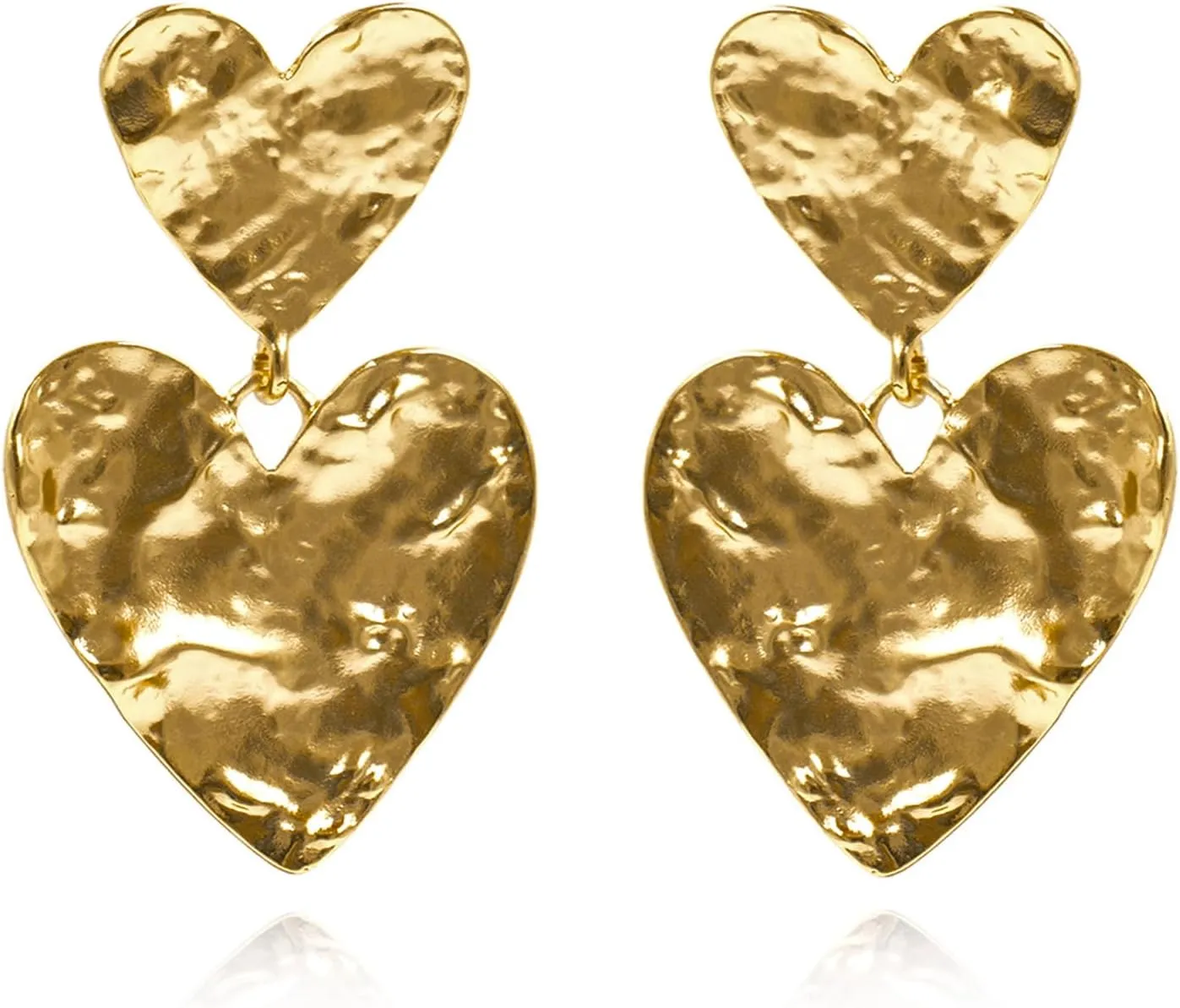CW 24K Gold-plated big two heart dangle earrings,retro and minimalist big earrings for womens trendy.
