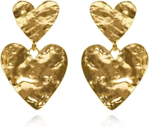 CW 24K Gold-plated big two heart dangle earrings,retro and minimalist big earrings for womens trendy.