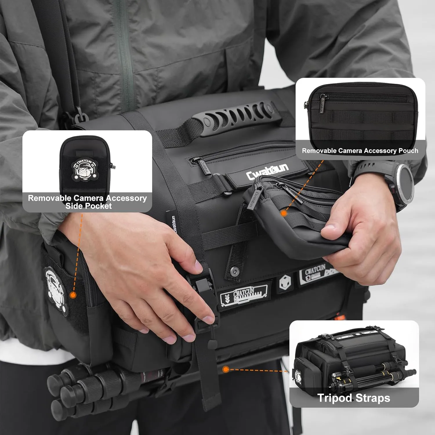 Cwatcun Camera Sling Bag, Waterproof Multifunction Photography Tactica Camera Crossbody Bag with Tripod Holder & Removable Accessory Bags for DSLR/SLR/Mirrorless Cameras - Small