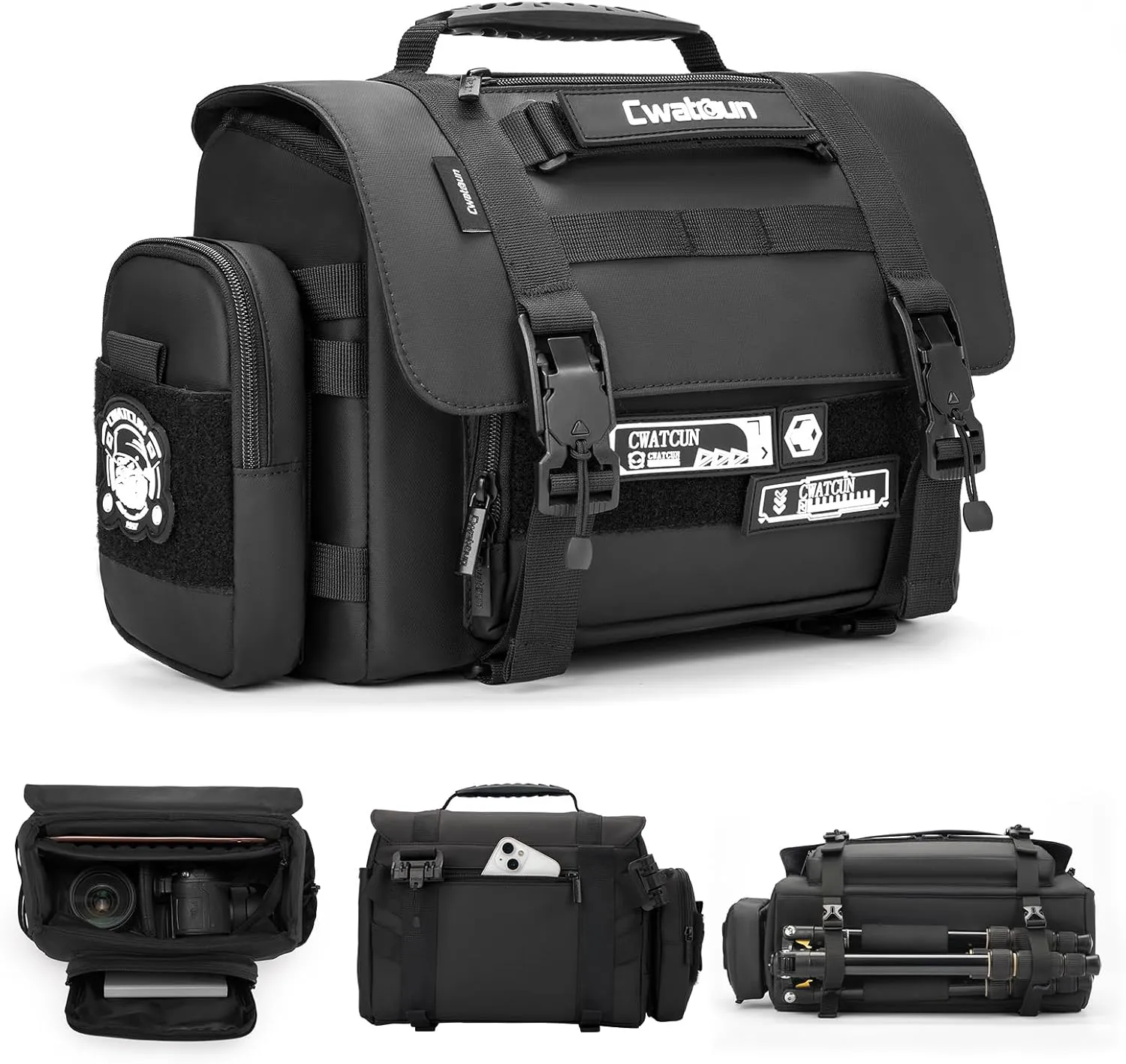 Cwatcun Camera Sling Bag, Waterproof Multifunction Photography Tactica Camera Crossbody Bag with Tripod Holder & Removable Accessory Bags for DSLR/SLR/Mirrorless Cameras - Small