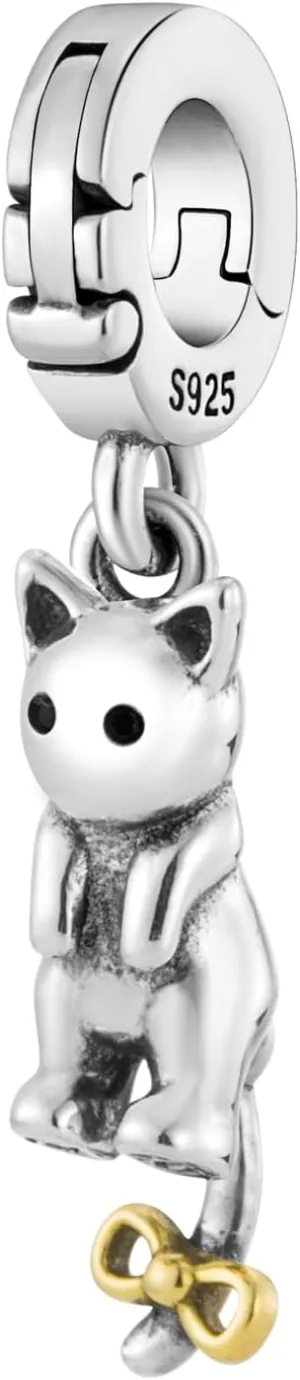 Dangling 3D Cat Kitten Clip On Open Clasp Pendant 925 Sterling Silver Charm For Pandora & Other Link Charm Bracelets/Necklaces