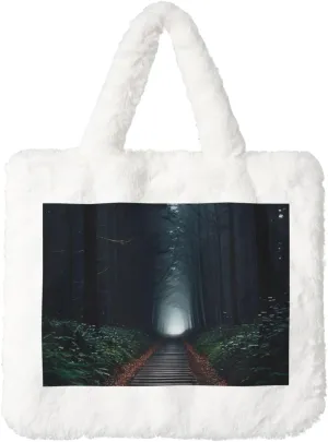 Dark Path Printed Plush Handbag, White Soft Faux Rabbit Fur Shoulder Bag for Women, Suitable for Autumn and Winter