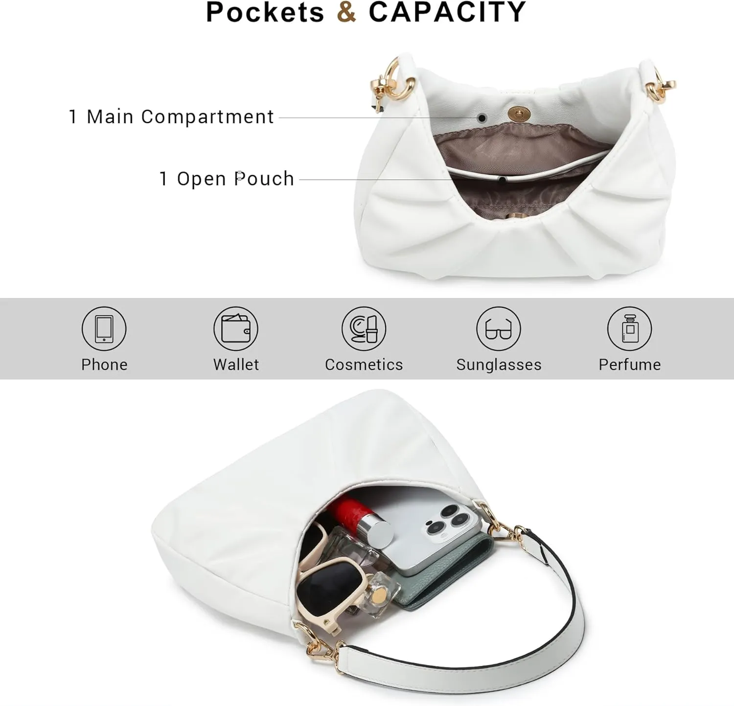 Dasein Ruched Hobo Handbag for Women Retro Shoulder Purse Crossbody Bag with 2 Removable Straps
