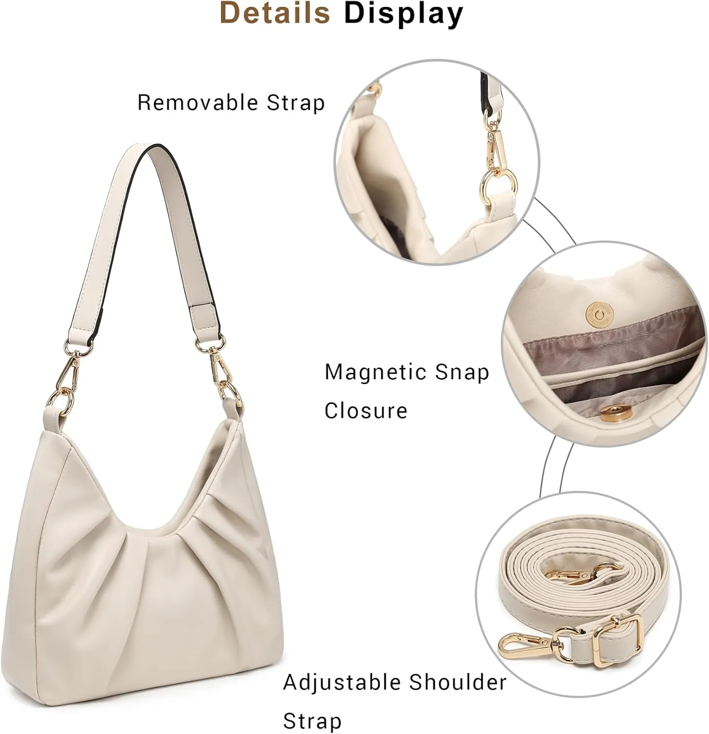 Dasein Ruched Hobo Handbag for Women Retro Shoulder Purse Crossbody Bag with 2 Removable Straps