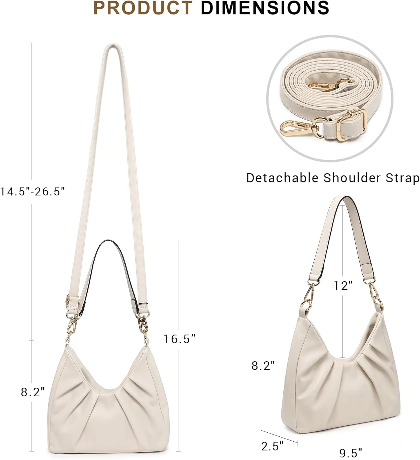 Dasein Ruched Hobo Handbag for Women Retro Shoulder Purse Crossbody Bag with 2 Removable Straps