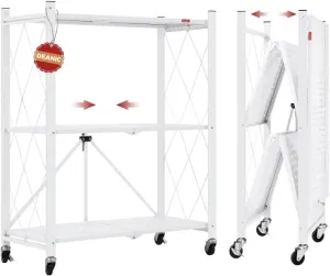 DEANIC 3 Tier Foldable Storage Shelves with Wheels, Kitchen Appliance Stand, Freestanding Metal Wire Shelf Rack, No Assembly Organizer Rolling Cart for Garage, Basement, Pantry(White)