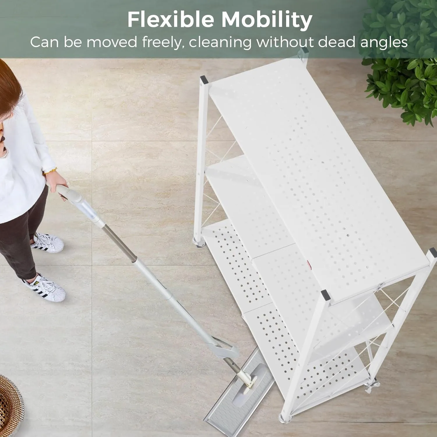 DEANIC 3 Tier Foldable Storage Shelves with Wheels, Kitchen Appliance Stand, Freestanding Metal Wire Shelf Rack, No Assembly Organizer Rolling Cart for Garage, Basement, Pantry(White)