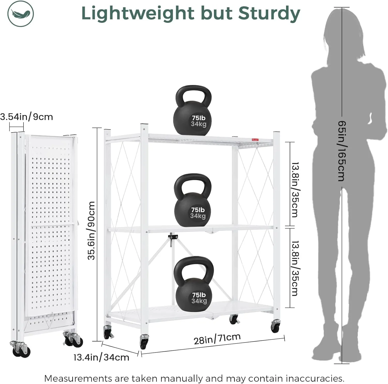 DEANIC 3 Tier Foldable Storage Shelves with Wheels, Kitchen Appliance Stand, Freestanding Metal Wire Shelf Rack, No Assembly Organizer Rolling Cart for Garage, Basement, Pantry(White)