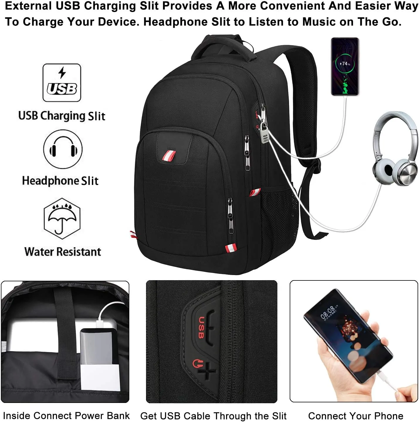 Della Gao Travel Laptop Backpack, Anti Theft Backpack for Men and Women with USB Charging Port Business Computer Backpack Bag (Black, 15.6 Inch)