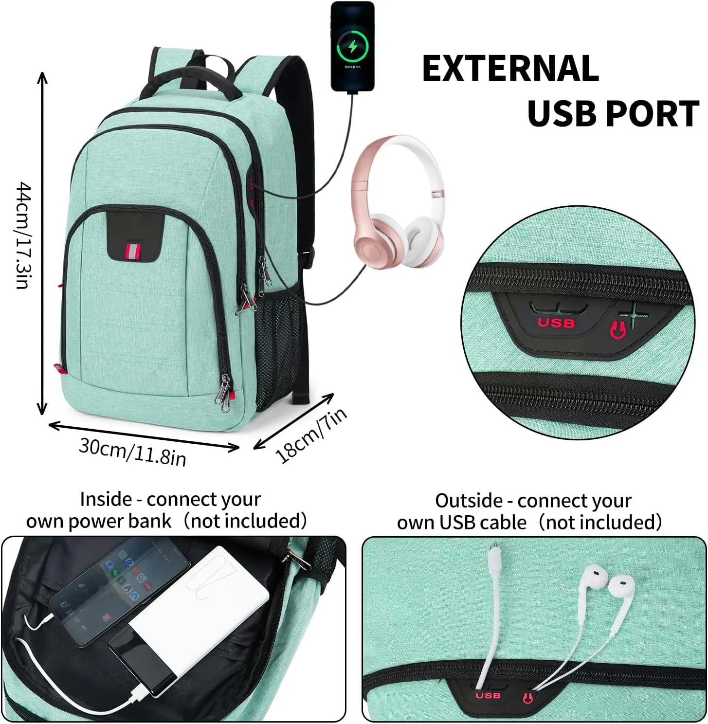 Della Gao Travel Laptop Backpack, Anti Theft Backpack for Men and Women with USB Charging Port Business Computer Backpack Bag (Green, 15.6 Inch)