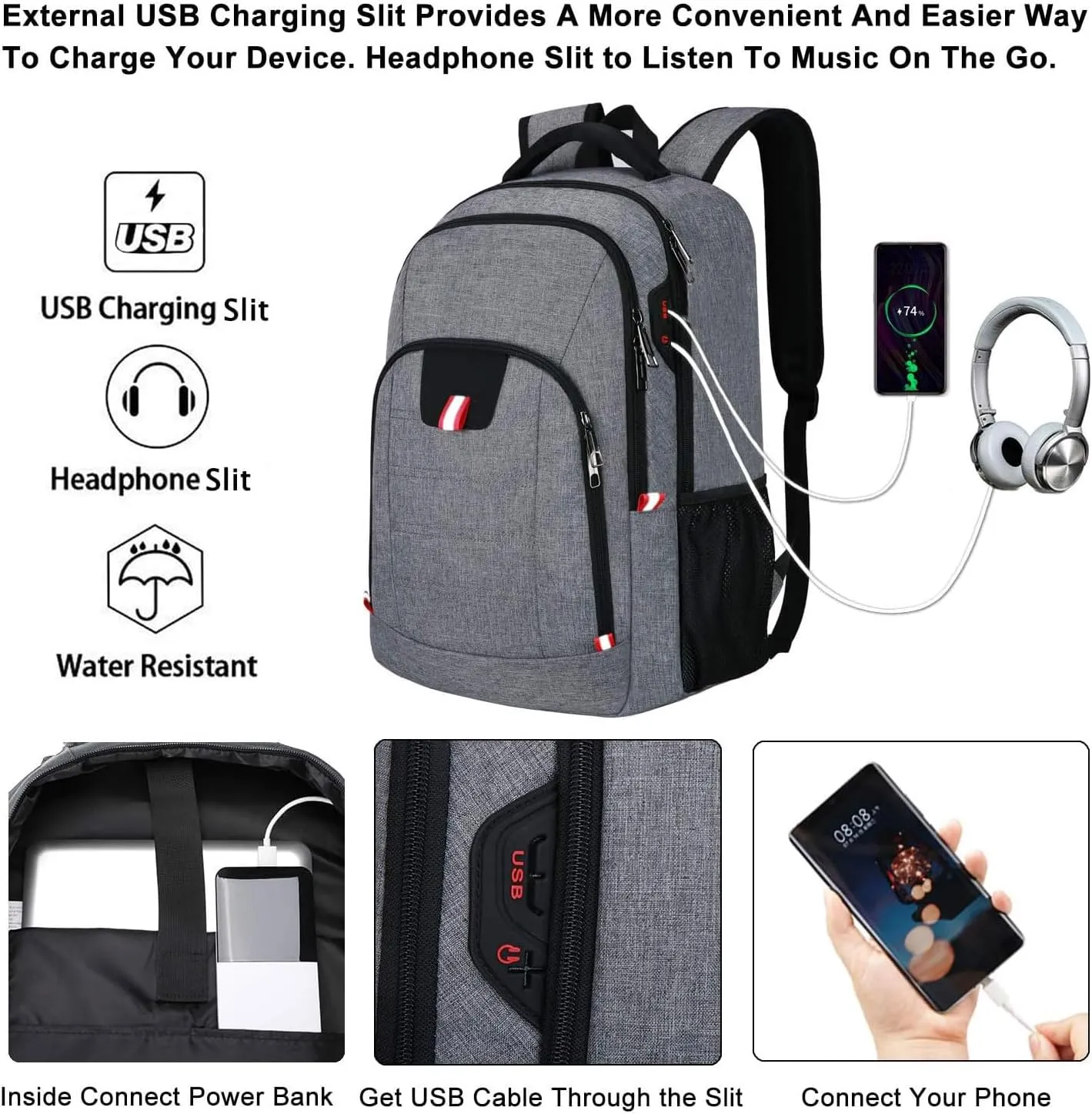 Della Gao Travel Laptop Backpack, Anti Theft Backpack for Men and Women with USB Charging Port Business Computer Backpack Bag (Grey, 15.6 Inch)