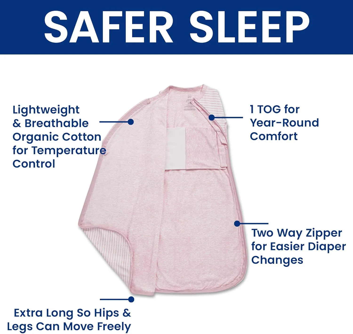 Delta Children Gap babyGap TrueSleep Sleep Sack | 100% Organic Cotton | GOTS and Oeko-Tex 100 Certified | 2-Way Zipper | Large: 6-12 Months, Pink Stripe