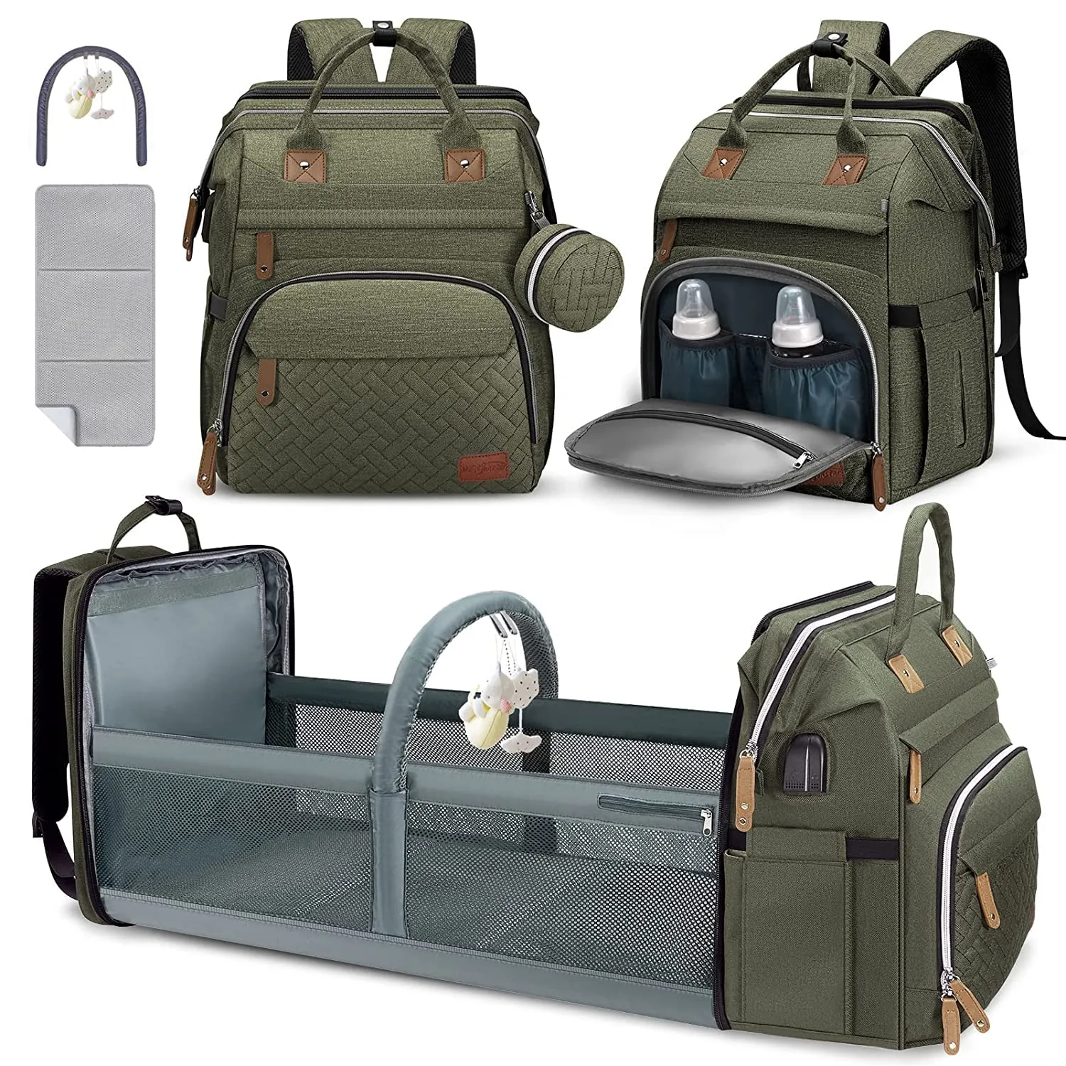 DERJUNSTAR Diaper Bag Backpack – Large Capacity Baby Diaper Bag with Changing Pad, Waterproof Travel Backpack for Boys & Girls, Multi-Function Baby Bag with USB Charging Port, Army Green