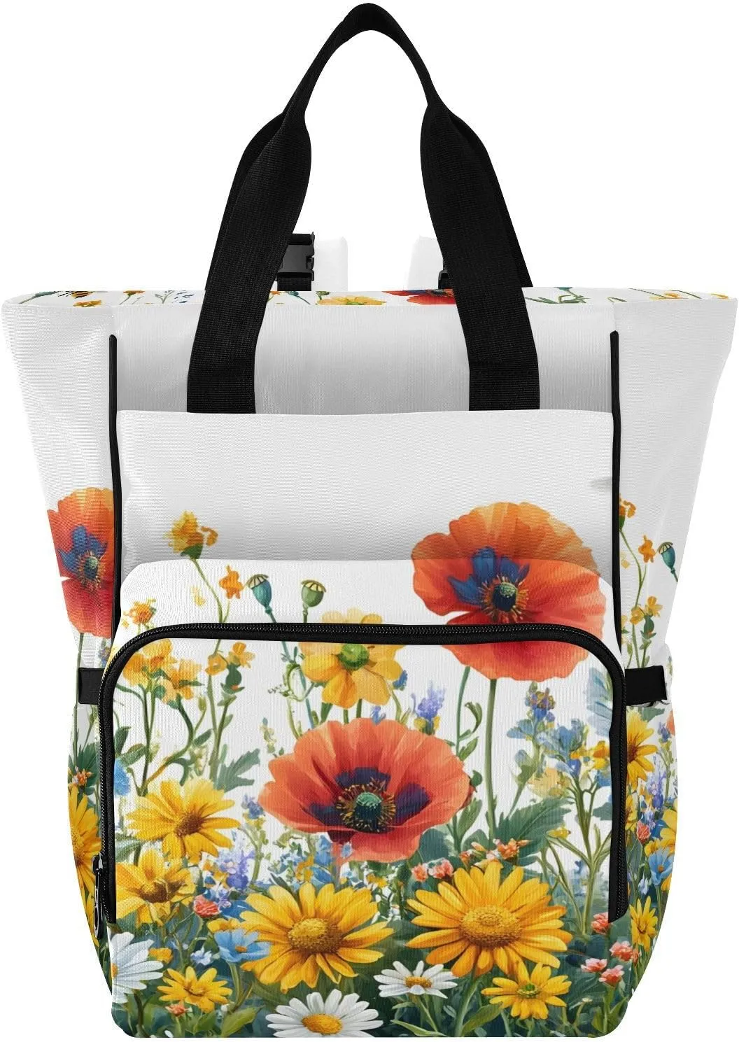 Diaper Backpack Flower Bed Print with Insulated Feeding Bottle Pocket, Mommy Nursing Baby Essentials Organizer for Travel Daycare with Stroller Straps