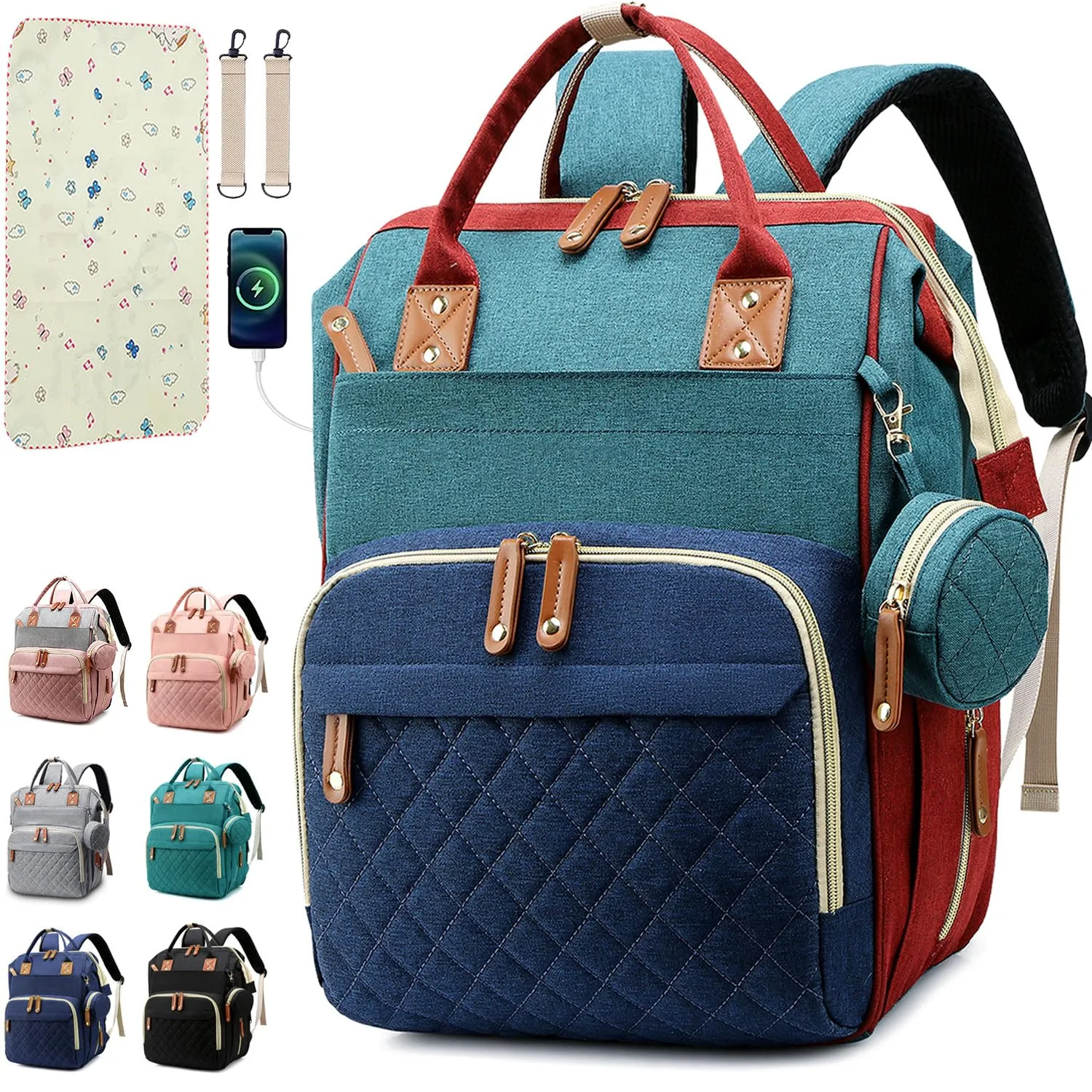 Diaper Bag Backpack Baby Bag, Baby Girl Boy Diaper Bag for Dad Mom with Pad, 16 Pockets, Pacifier Case, Large Diaper Bags Unisex for Travel (Colorful)
