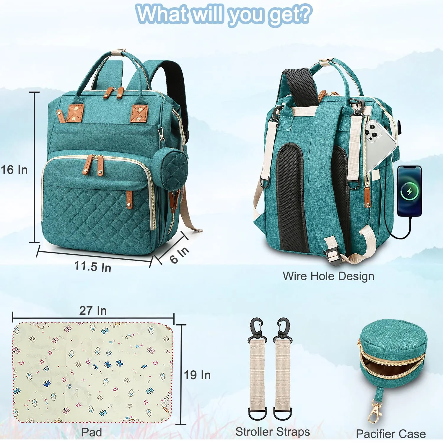 Diaper Bag Backpack Baby Bag, Baby Girl Boy Diaper Bag for Dad Mom with Pad, 16 Pockets, Pacifier Case, Large Diaper Bags Unisex for Travel (Green)