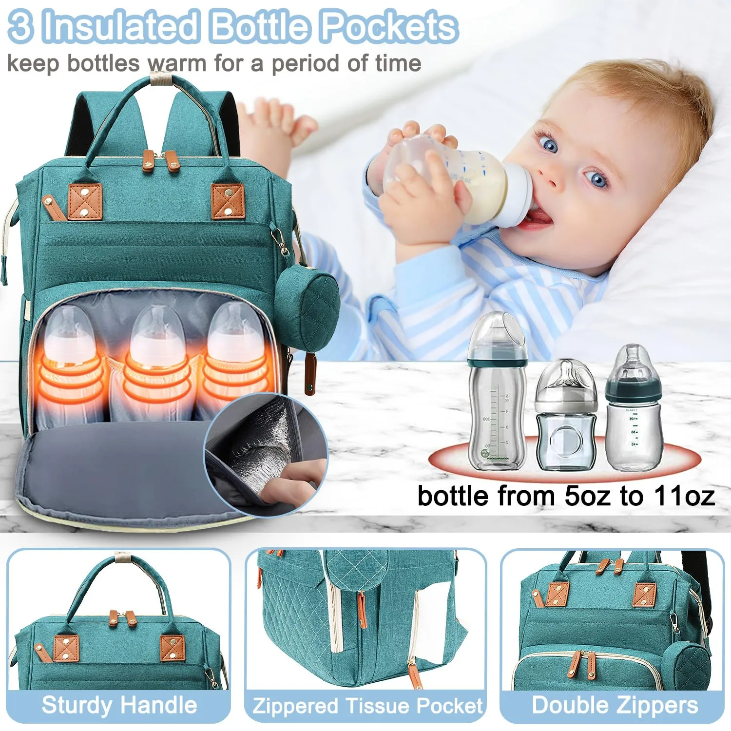 Diaper Bag Backpack Baby Bag, Baby Girl Boy Diaper Bag for Dad Mom with Pad, 16 Pockets, Pacifier Case, Large Diaper Bags Unisex for Travel (Green)