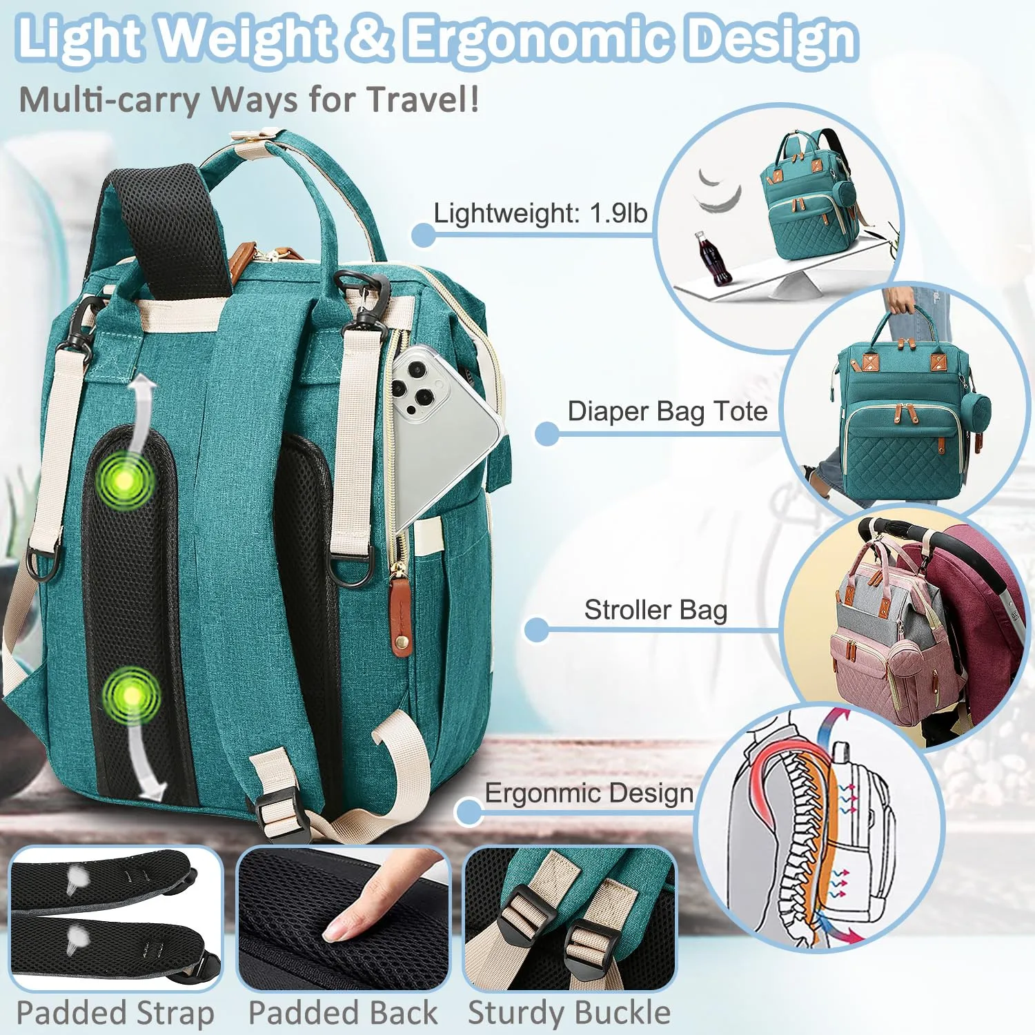 Diaper Bag Backpack Baby Bag, Baby Girl Boy Diaper Bag for Dad Mom with Pad, 16 Pockets, Pacifier Case, Large Diaper Bags Unisex for Travel (Green)