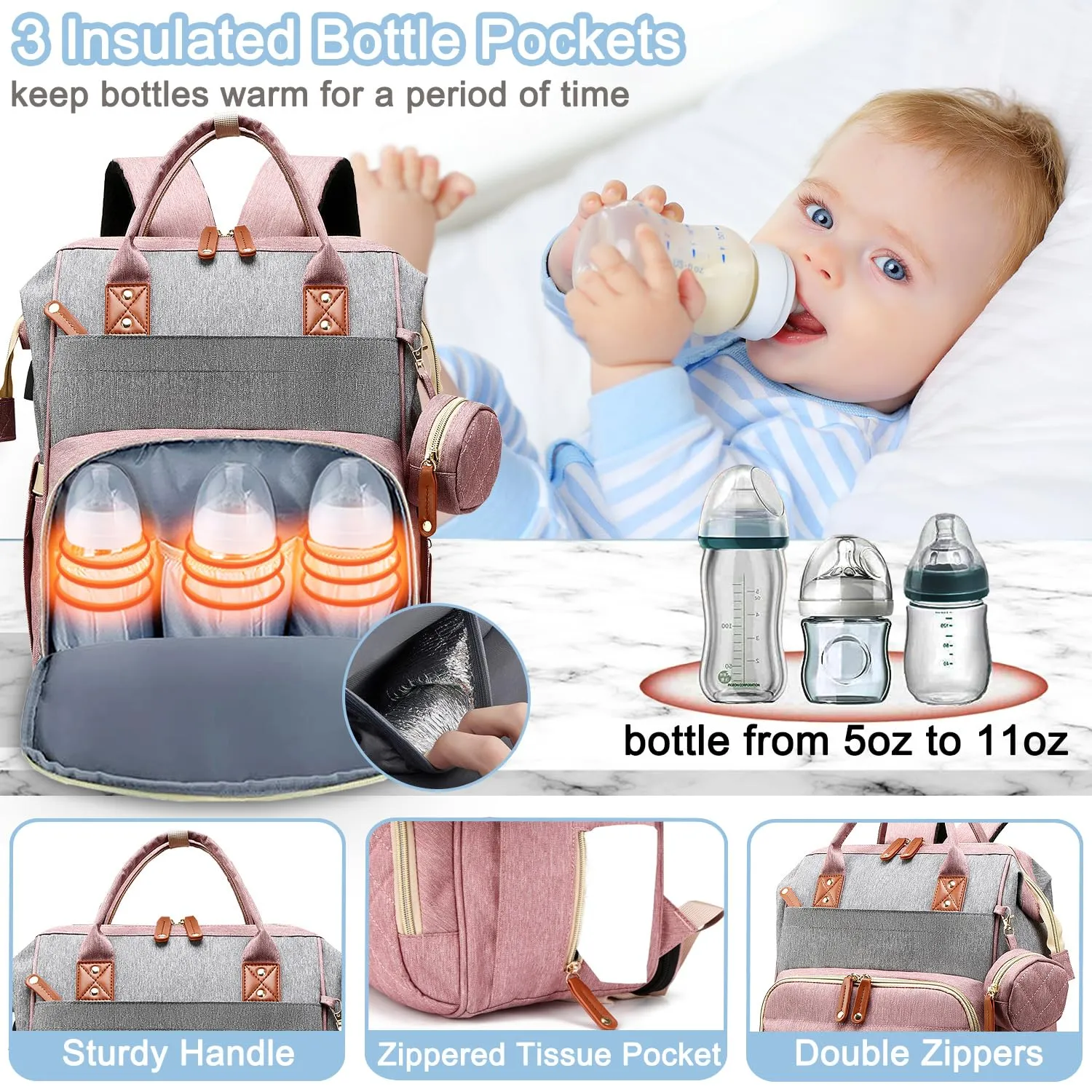 Diaper Bag Backpack Baby Bag, Baby Girl Boy Diaper Bag for Dad Mom with Pad, 16 Pockets, Pacifier Case, Large Diaper Bags Unisex for Travel(Pink Grey)