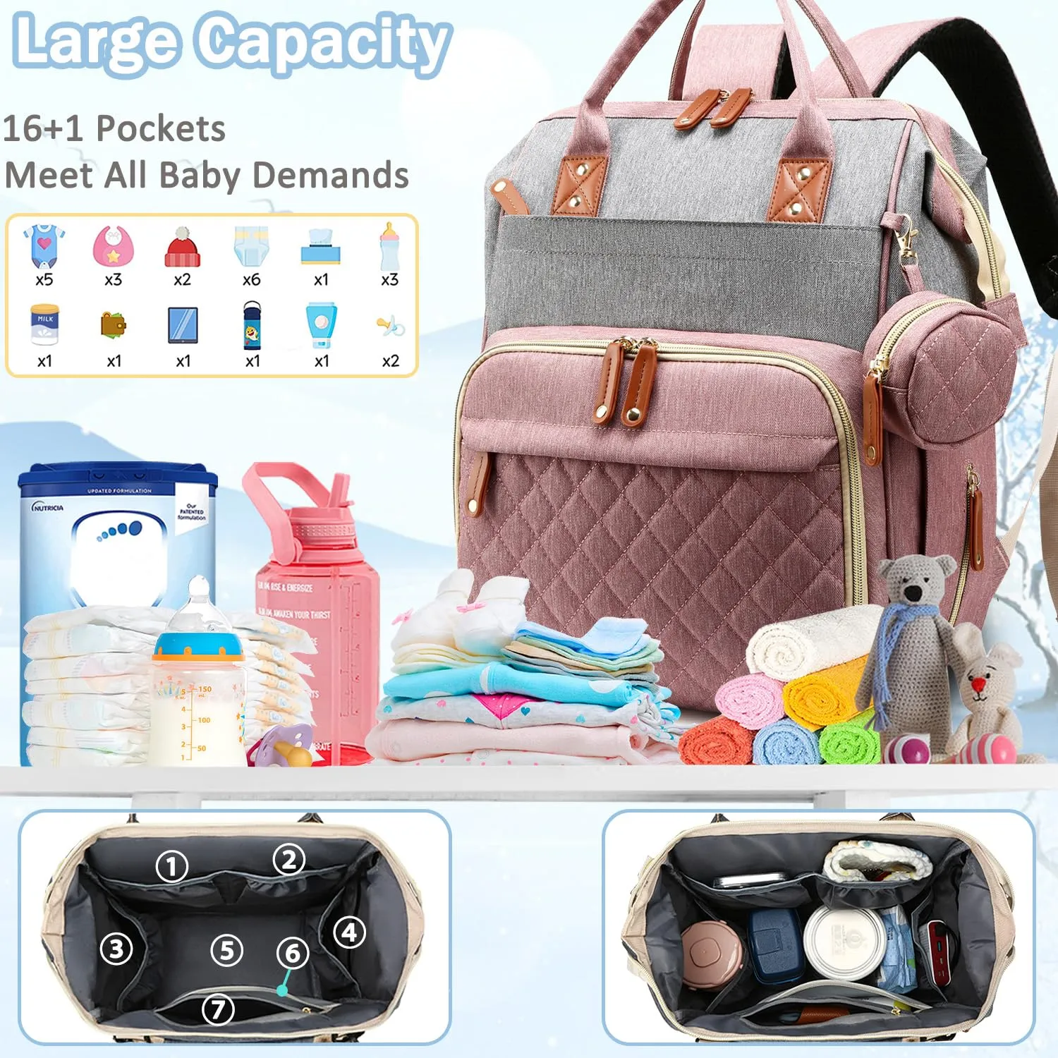 Diaper Bag Backpack Baby Bag, Baby Girl Boy Diaper Bag for Dad Mom with Pad, 16 Pockets, Pacifier Case, Large Diaper Bags Unisex for Travel(Pink Grey)