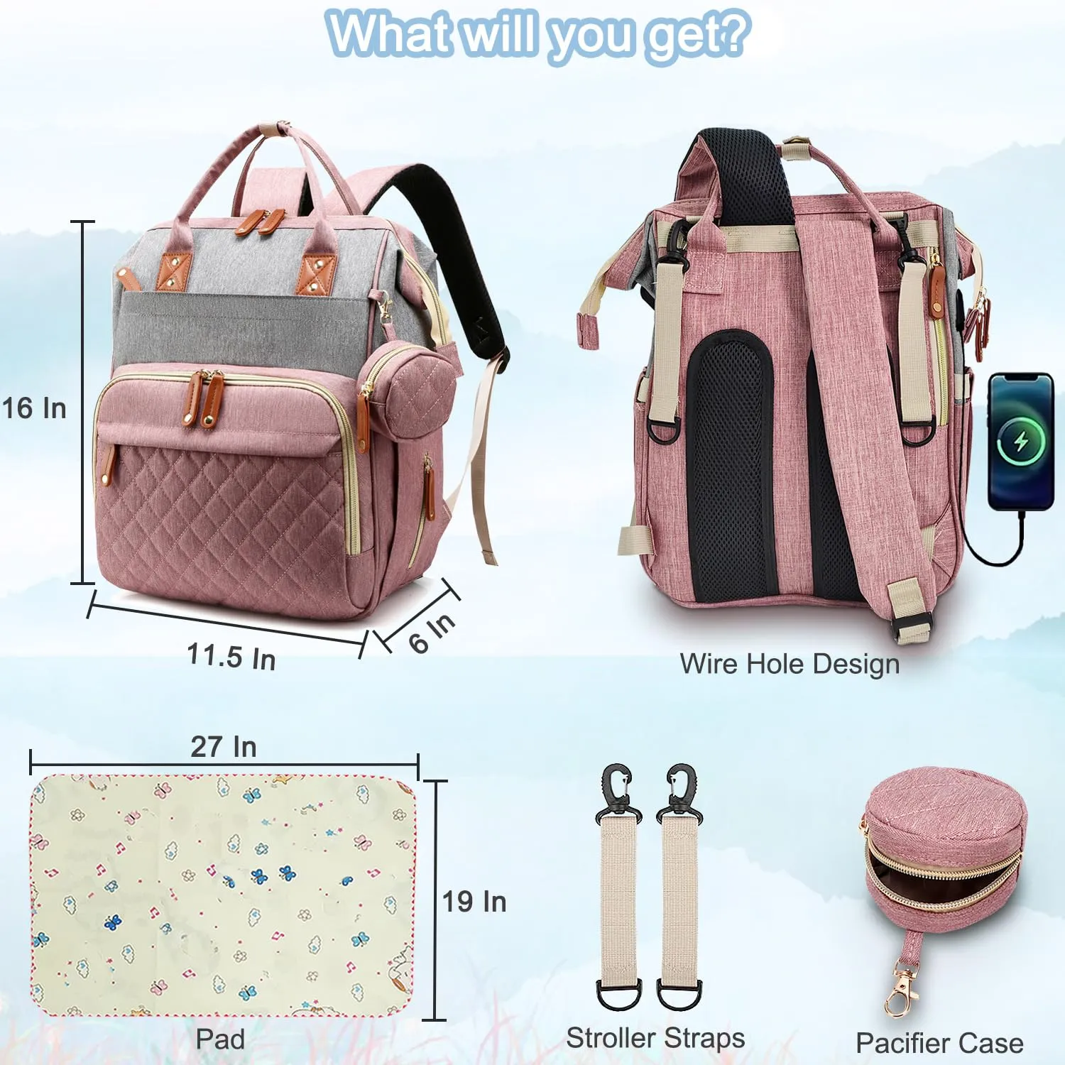 Diaper Bag Backpack Baby Bag, Baby Girl Boy Diaper Bag for Dad Mom with Pad, 16 Pockets, Pacifier Case, Large Diaper Bags Unisex for Travel(Pink Grey)