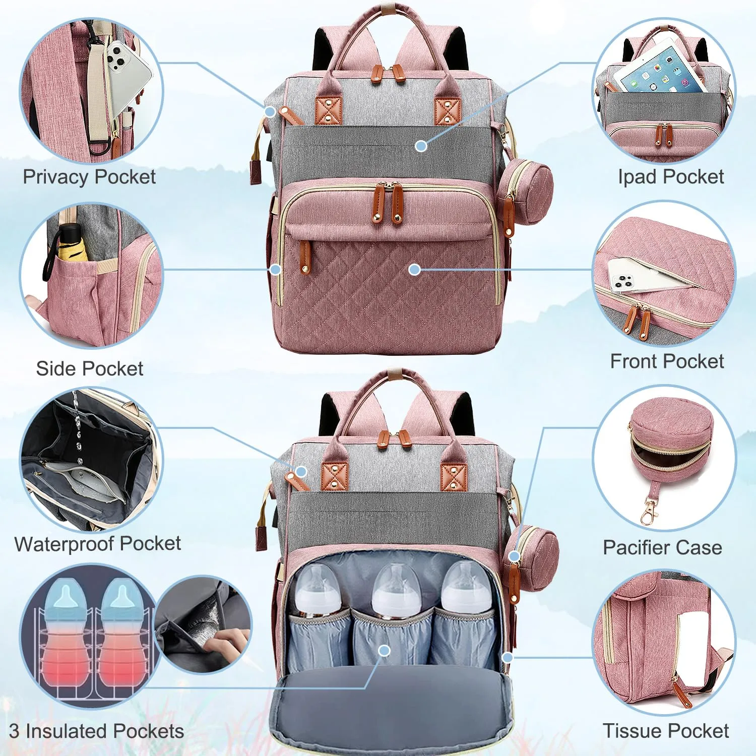 Diaper Bag Backpack Baby Bag, Baby Girl Boy Diaper Bag for Dad Mom with Pad, 16 Pockets, Pacifier Case, Large Diaper Bags Unisex for Travel(Pink Grey)