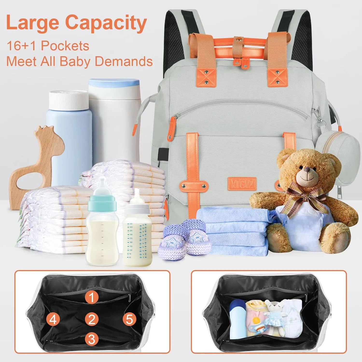 Diaper Bag Backpack Baby Bag,Waterproof Multi Function Baby Backpack, bag with USB Charging Port, Travel Diaper Bag with Changing Pad,Unisex Stylish Travel Back Pack for Moms(Grey)