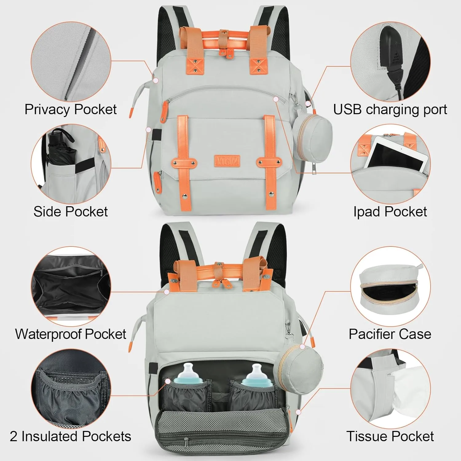 Diaper Bag Backpack Baby Bag,Waterproof Multi Function Baby Backpack, bag with USB Charging Port, Travel Diaper Bag with Changing Pad,Unisex Stylish Travel Back Pack for Moms(Grey)