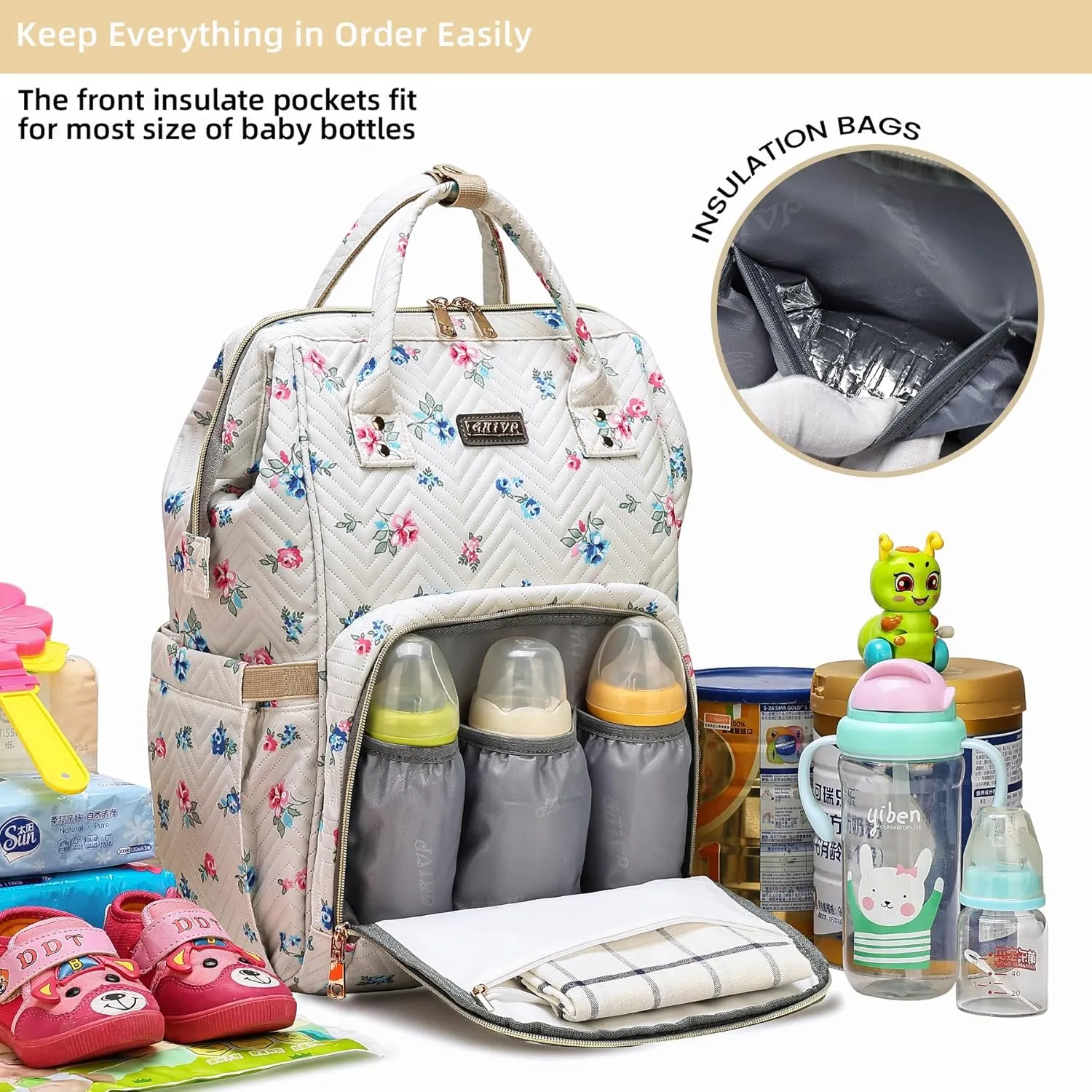 Diaper Bag Backpack, Diaper Bags for Baby Girls Boys, Baby Bags for Moms Dads, Nappy Changing Bag with Insulated Pockets,Multi-functional Waterproof Backpack with Stroller straps-Beige Flowers