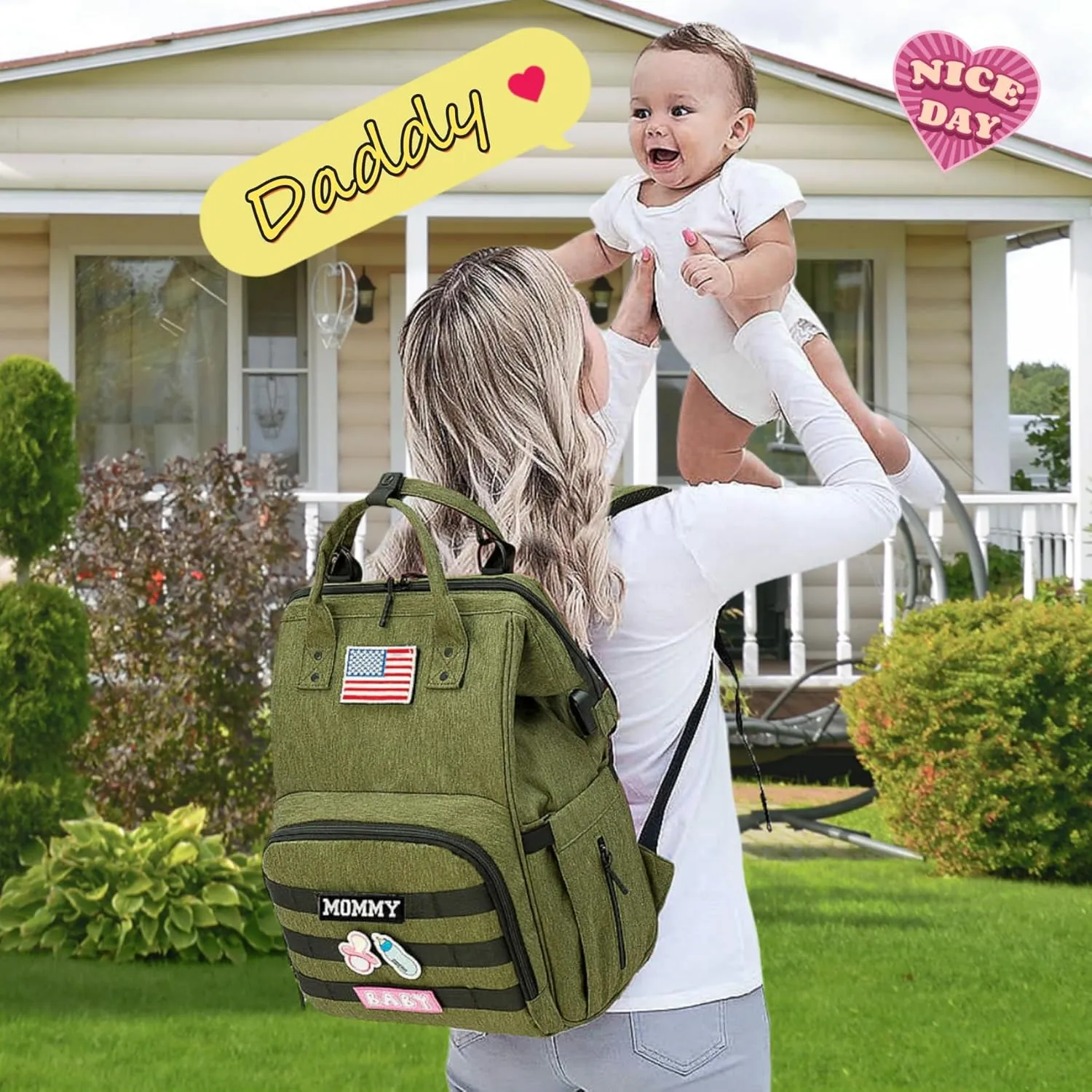 Diaper Bag Backpack for Dad and Mom with USB Charging Port Stroller Straps and Insulated Pocket,army military Travel Nappy Backpack for daddy mommy (Green)