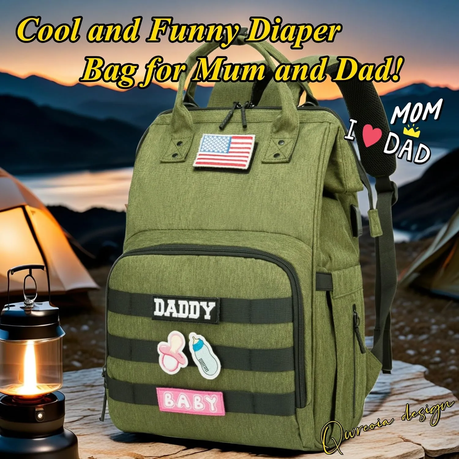 Diaper Bag Backpack for Dad and Mom with USB Charging Port Stroller Straps and Insulated Pocket,army military Travel Nappy Backpack for daddy mommy (Green)