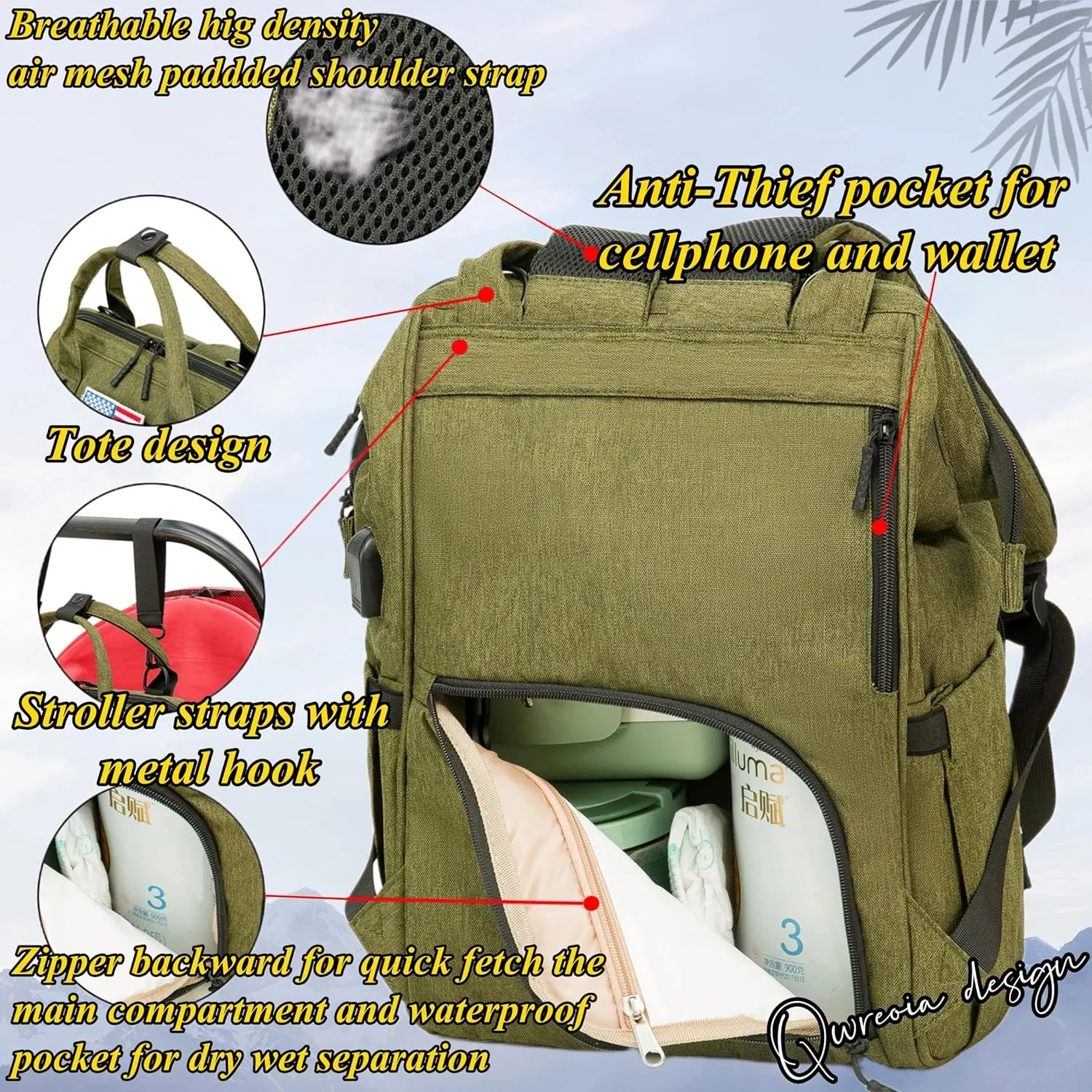 Diaper Bag Backpack for Dad and Mom with USB Charging Port Stroller Straps and Insulated Pocket,army military Travel Nappy Backpack for daddy mommy (Green)