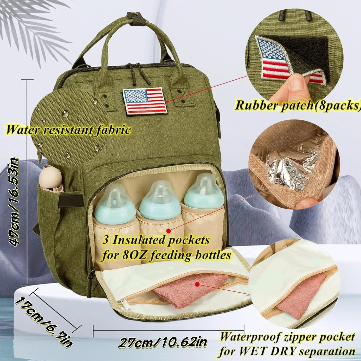 Diaper Bag Backpack for Dad and Mom with USB Charging Port Stroller Straps and Insulated Pocket,army military Travel Nappy Backpack for daddy mommy (Green)