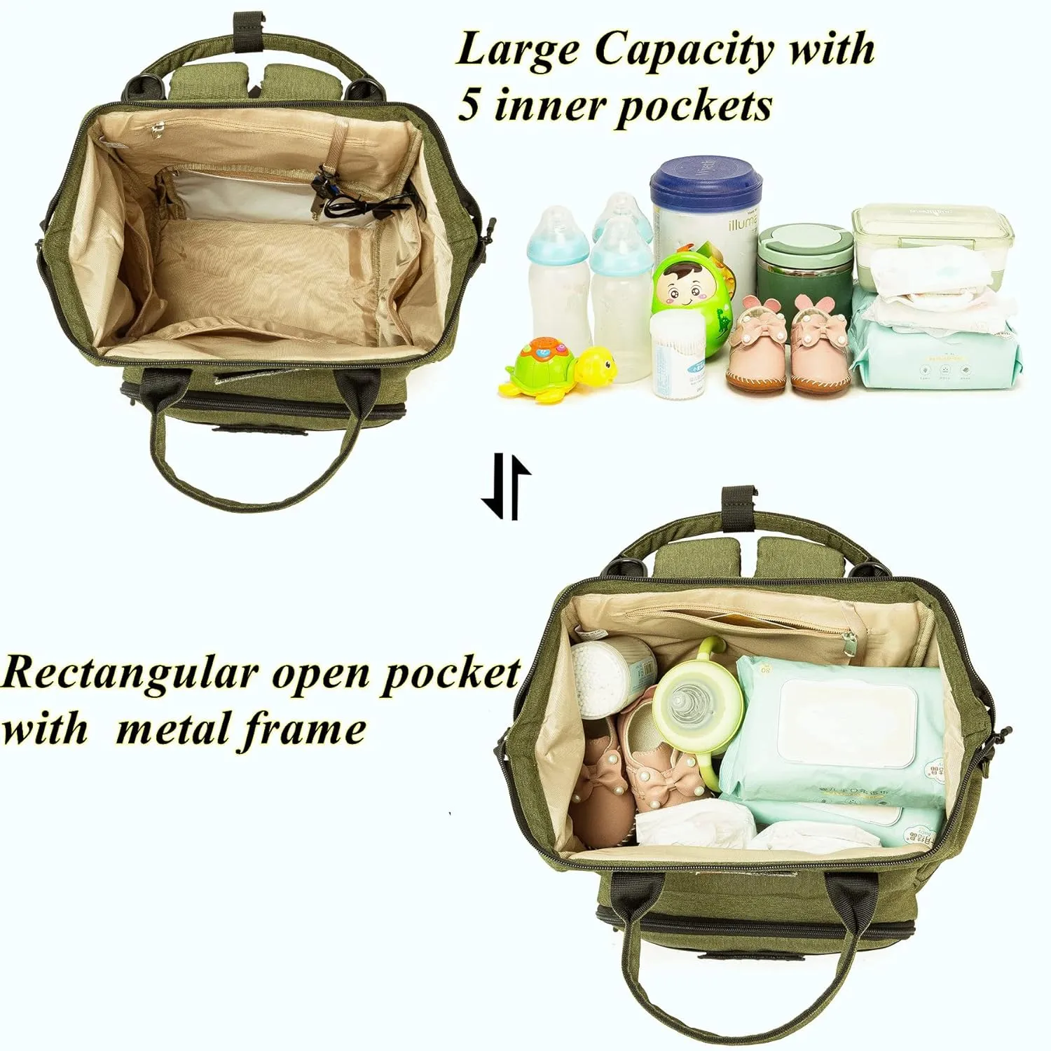 Diaper Bag Backpack for Dad and Mom with USB Charging Port Stroller Straps and Insulated Pocket,army military Travel Nappy Backpack for daddy mommy (Green)