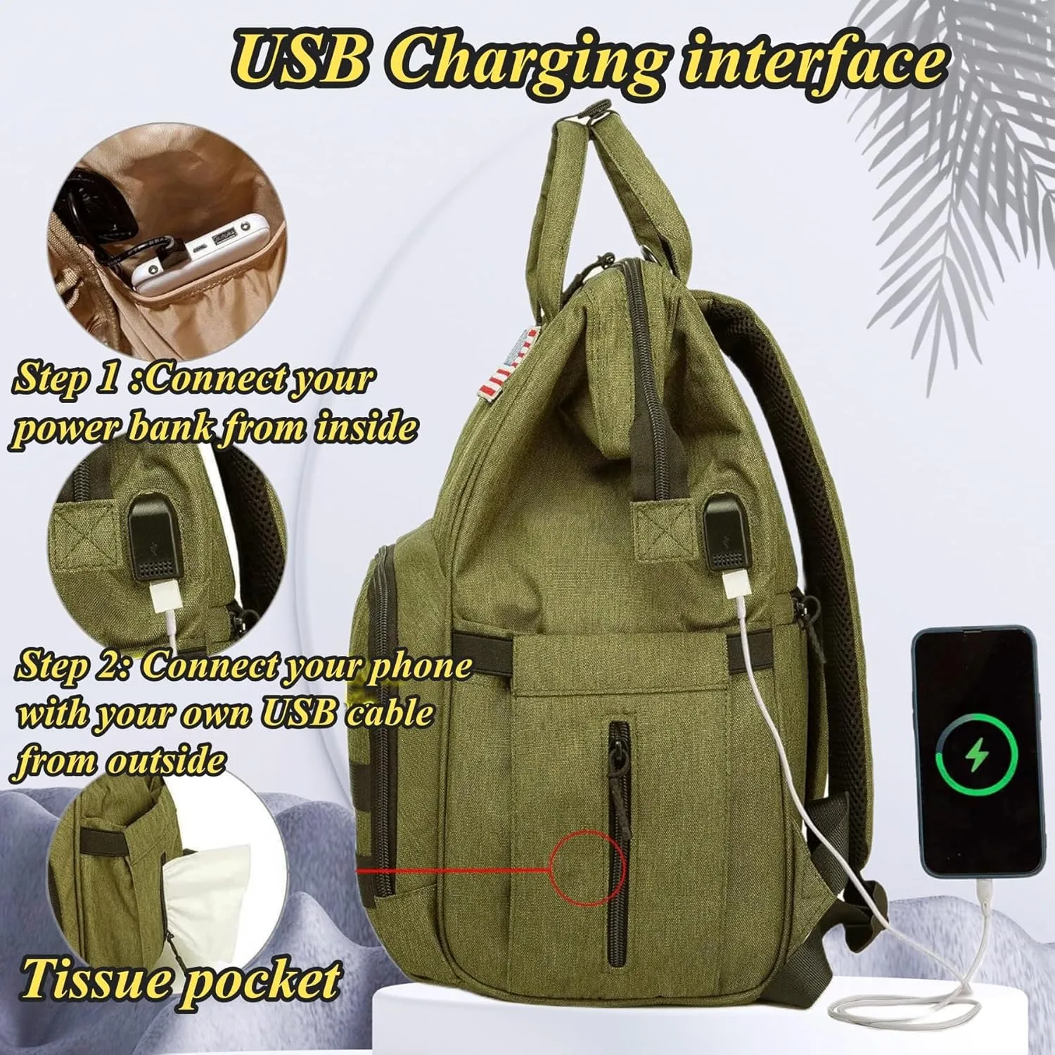 Diaper Bag Backpack for Dad and Mom with USB Charging Port Stroller Straps and Insulated Pocket,army military Travel Nappy Backpack for daddy mommy (Green)