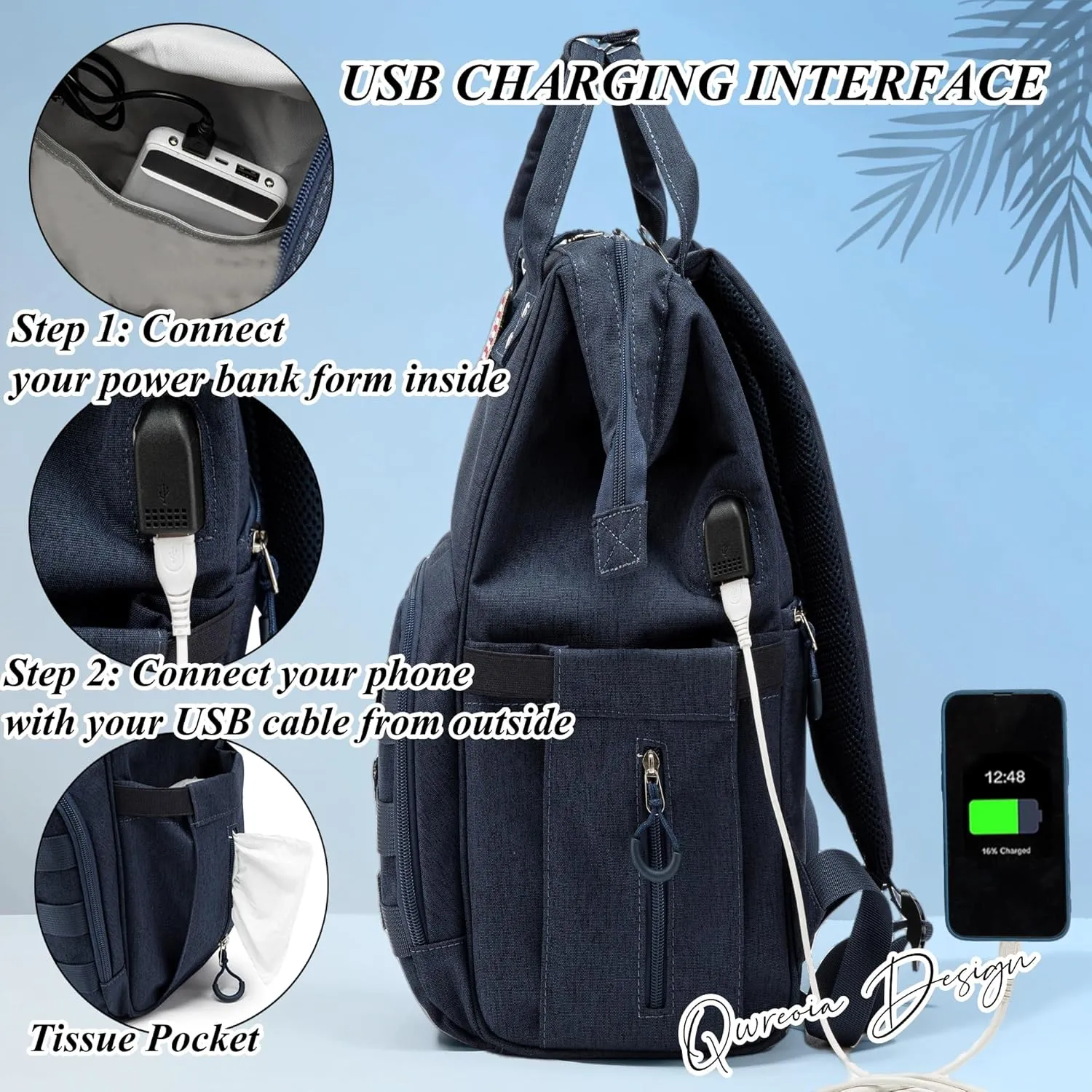 Diaper Bag Backpack for Dad and Mom with USB Charging Port Stroller Straps and Insulated Pocket,army military Travel Nappy Backpack for Daddy/Mommy (Navy)