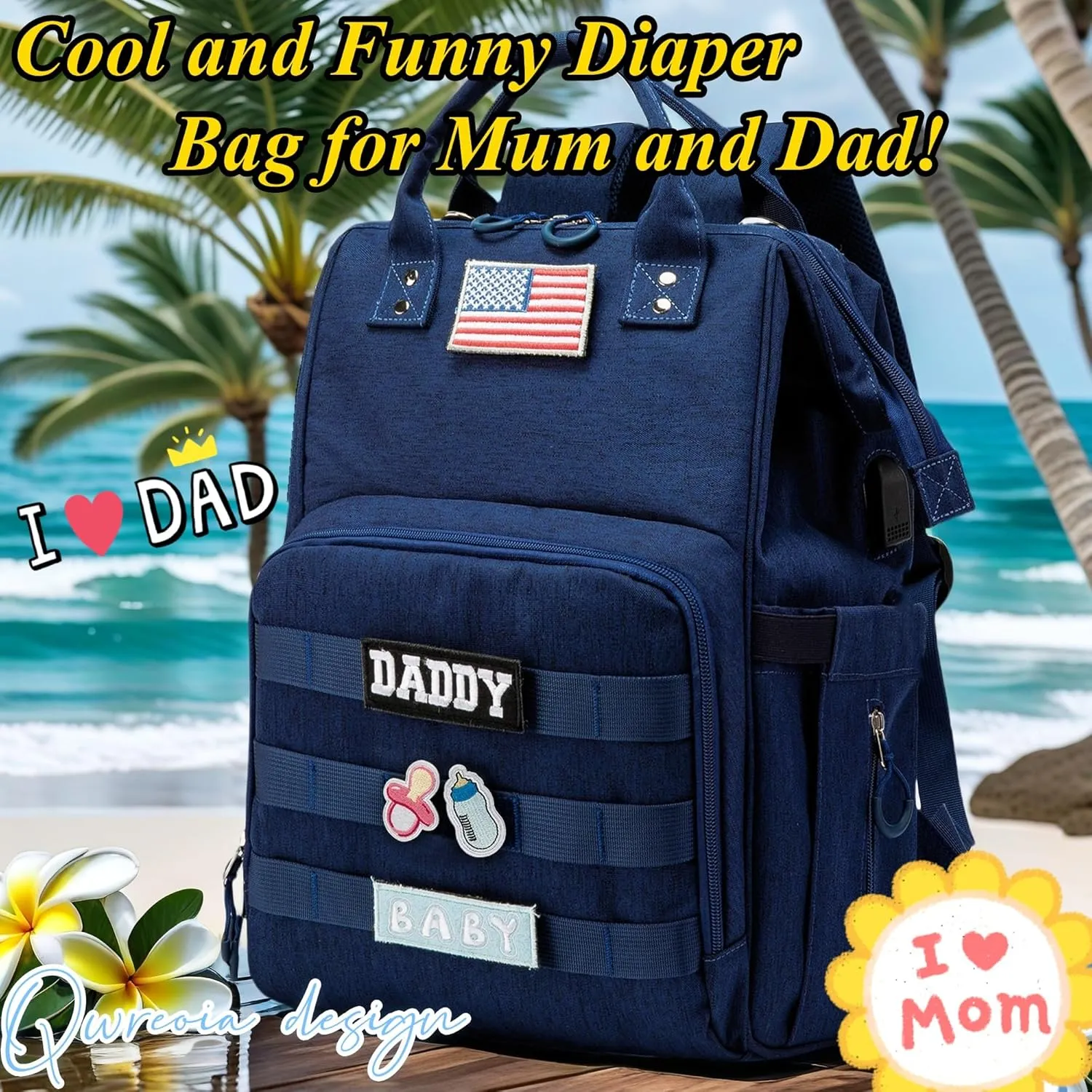 Diaper Bag Backpack for Dad and Mom with USB Charging Port Stroller Straps and Insulated Pocket,army military Travel Nappy Backpack for Daddy/Mommy (Navy)