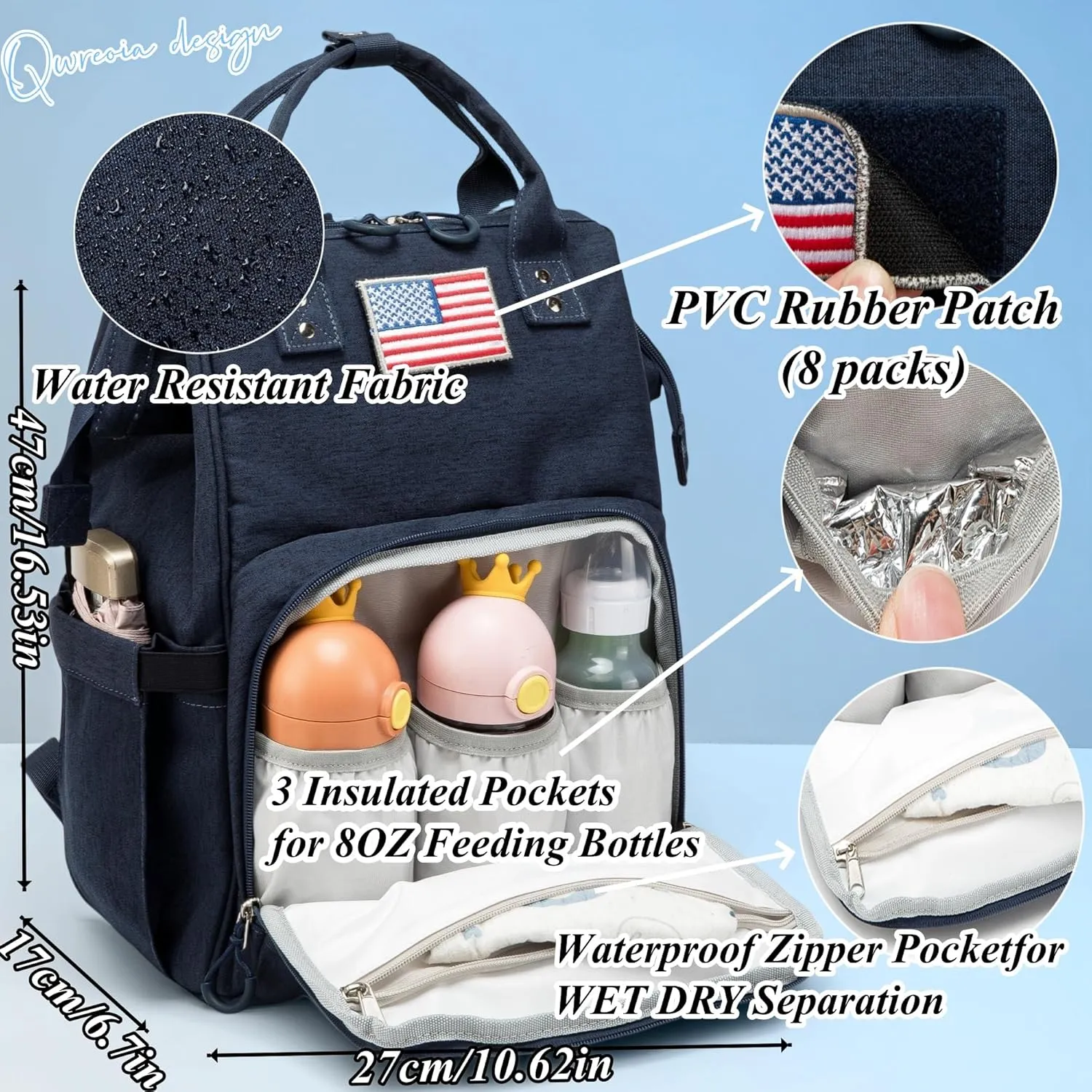 Diaper Bag Backpack for Dad and Mom with USB Charging Port Stroller Straps and Insulated Pocket,army military Travel Nappy Backpack for Daddy/Mommy (Navy)