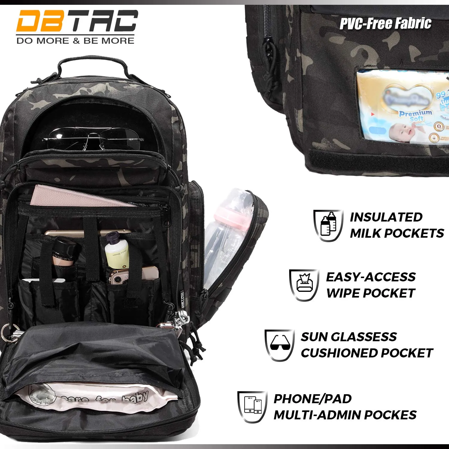 Diaper Bag Backpack for Dad, DBTAC Large Baby Nappy Bag for Men w/Changing Mat, Insulated Wipe Pockets, Stroller Straps, Black Camo