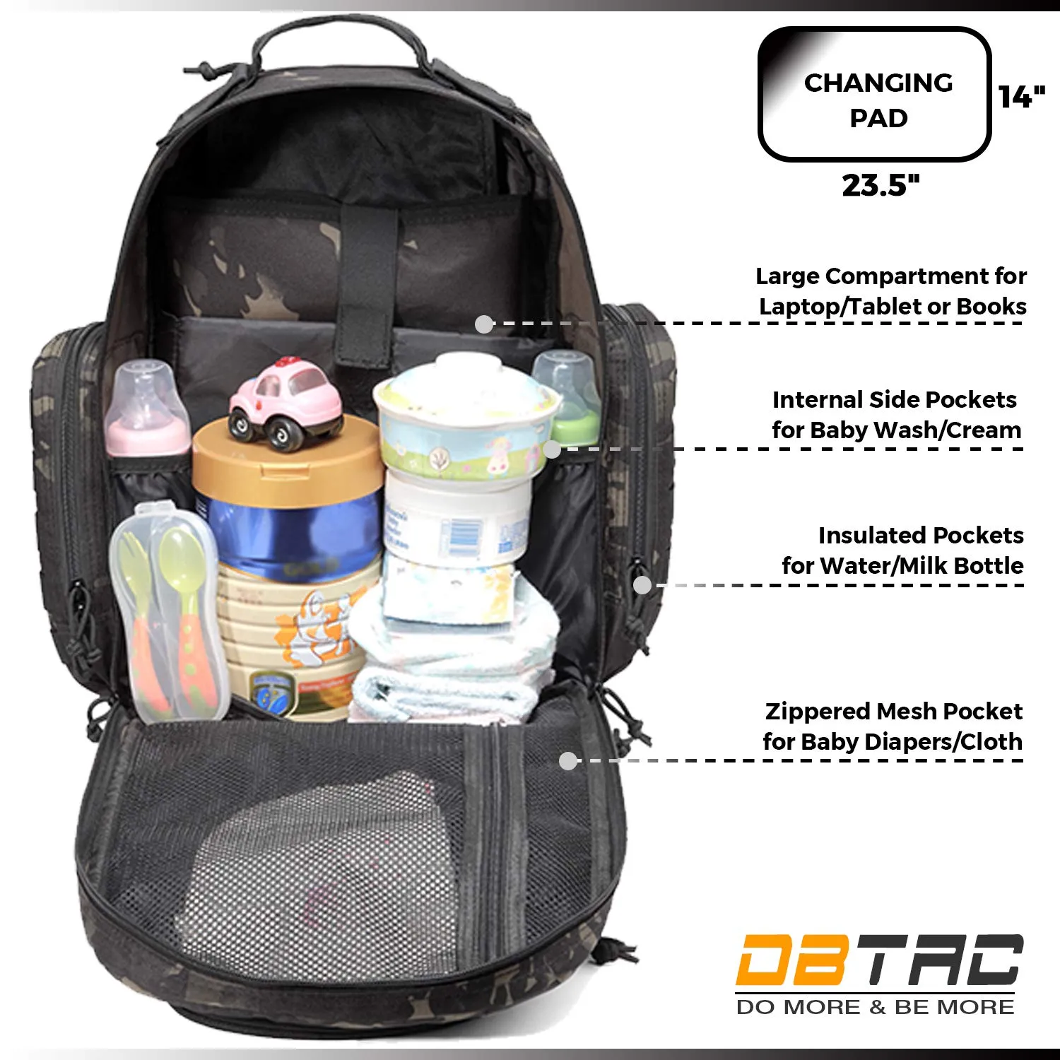 Diaper Bag Backpack for Dad, DBTAC Large Baby Nappy Bag for Men w/Changing Mat, Insulated Wipe Pockets, Stroller Straps, Black Camo