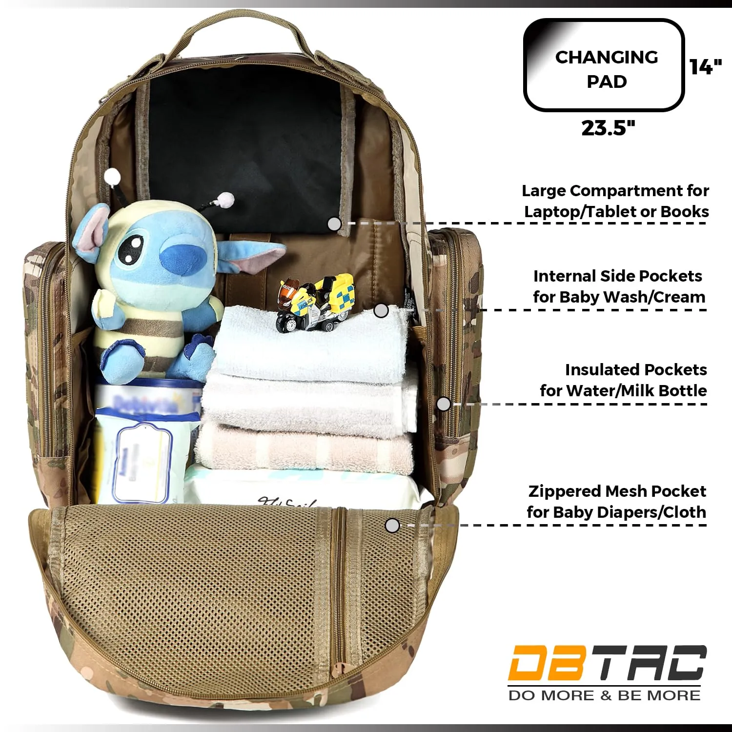 Diaper Bag Backpack for Dad, DBTAC Large Baby Nappy Bag for Men w/Changing Mat, Insulated Wipe Pockets, Stroller Straps, CP Camo