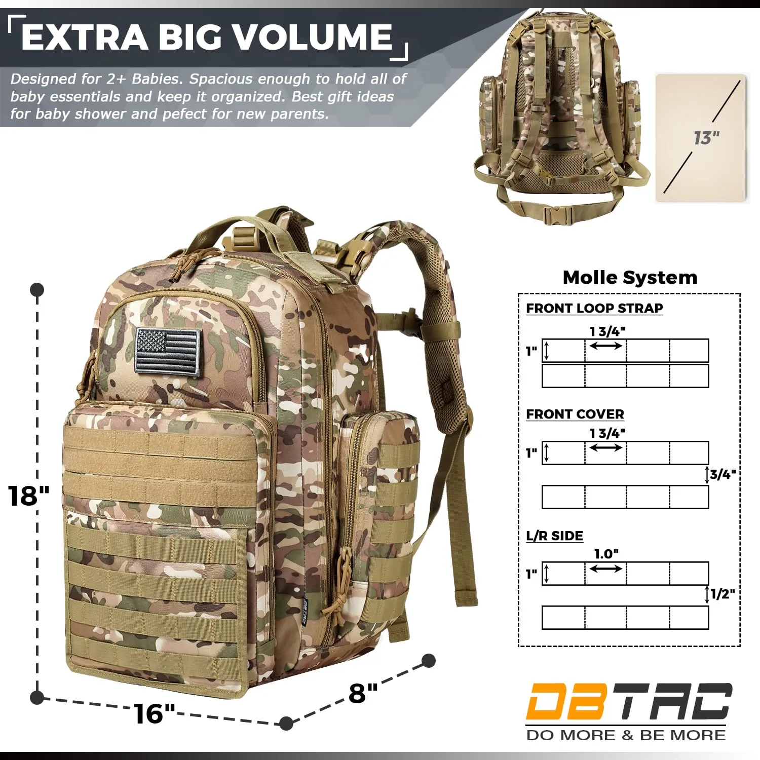 Diaper Bag Backpack for Dad, DBTAC Large Baby Nappy Bag for Men w/Changing Mat, Insulated Wipe Pockets, Stroller Straps, CP Camo