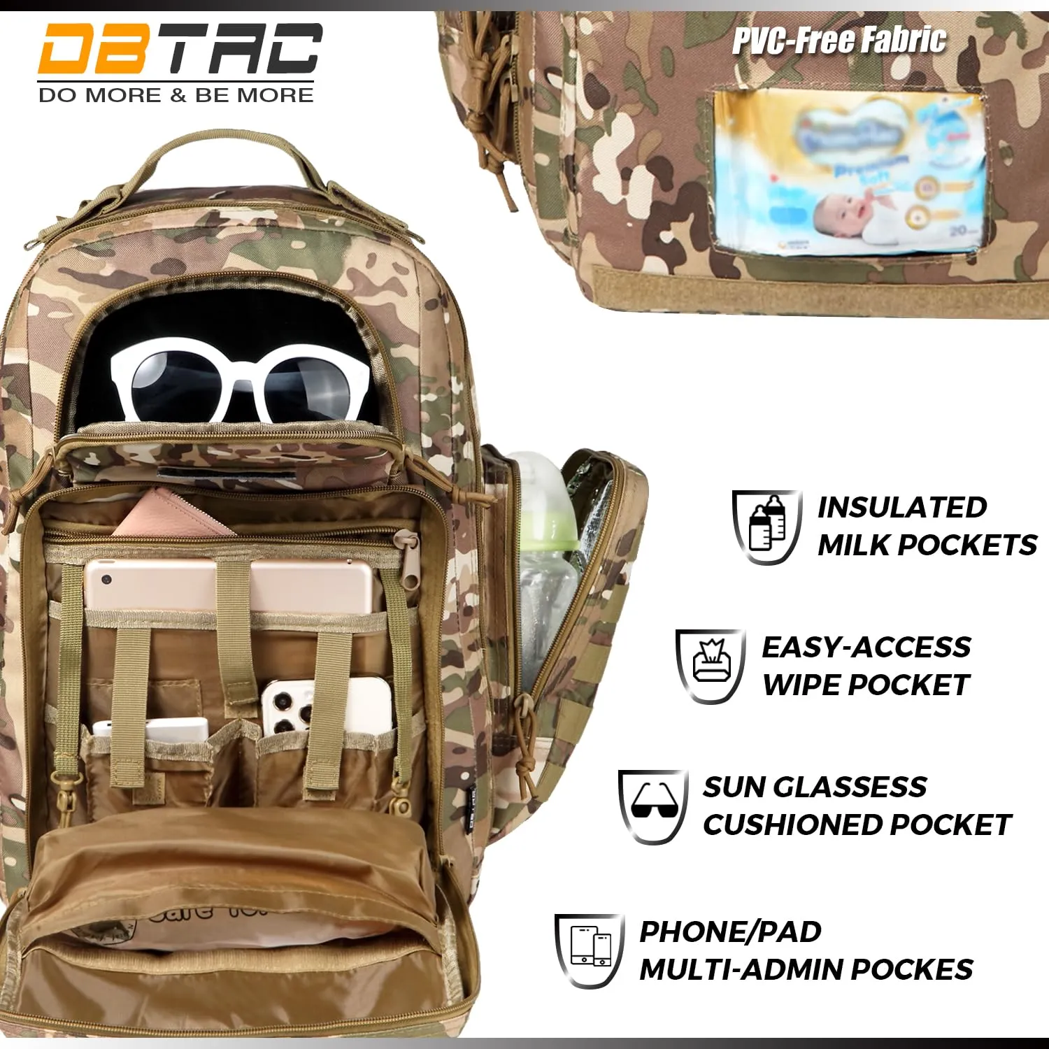 Diaper Bag Backpack for Dad, DBTAC Large Baby Nappy Bag for Men w/Changing Mat, Insulated Wipe Pockets, Stroller Straps, CP Camo