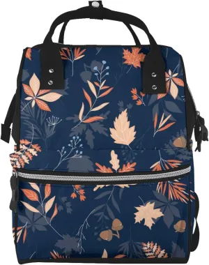 Diaper Bag Backpack For Women, Autumn Leaves With Blue Waterproof Multifunction Travel Pack Maternity Baby Changing Bags, Nappy Baby Bags With Multi-Function For Baby