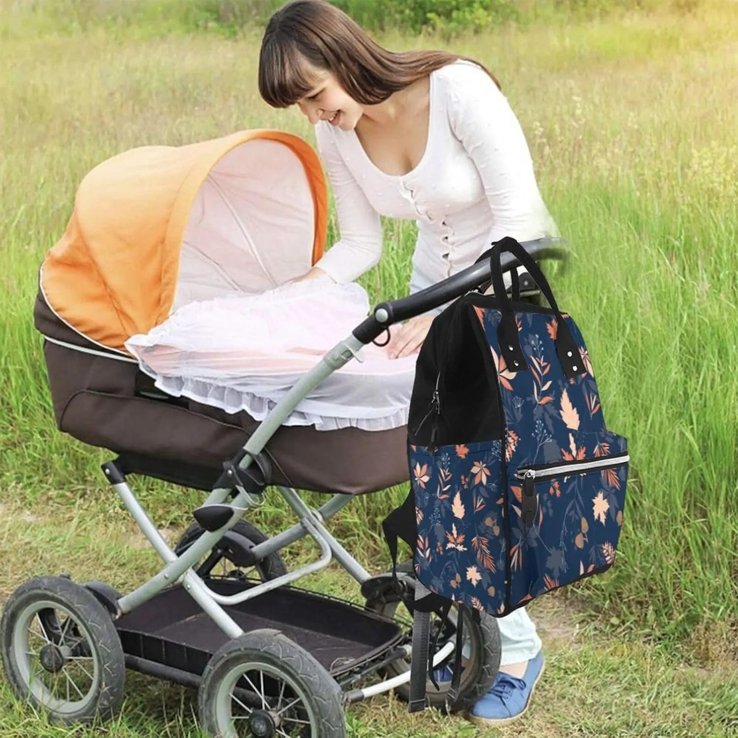 Diaper Bag Backpack For Women, Autumn Leaves With Blue Waterproof Multifunction Travel Pack Maternity Baby Changing Bags, Nappy Baby Bags With Multi-Function For Baby