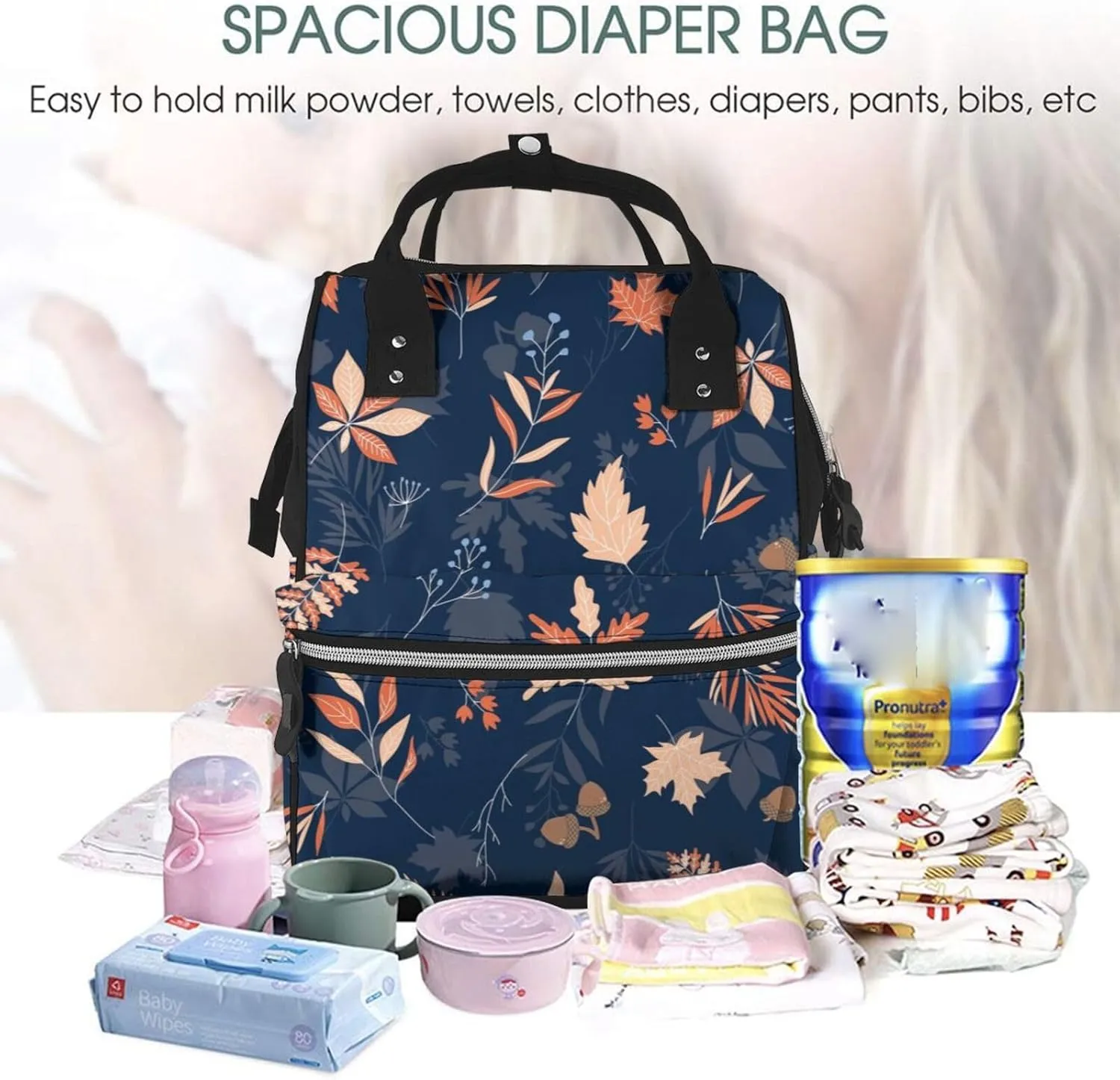 Diaper Bag Backpack For Women, Autumn Leaves With Blue Waterproof Multifunction Travel Pack Maternity Baby Changing Bags, Nappy Baby Bags With Multi-Function For Baby