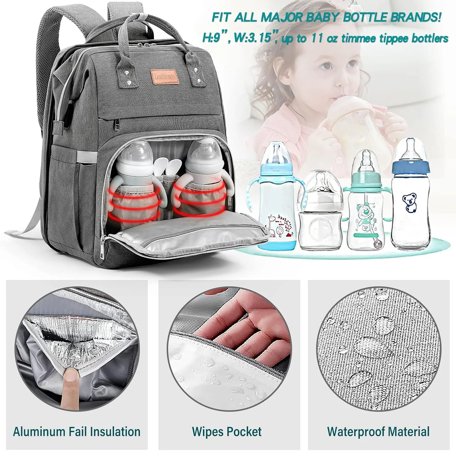 Diaper Bag Backpack, Large Capacity Multifunction Baby Bag with Changing Pad for Boy Girl, Travel for Moms Dads, Baby Registry Search Shower Gifts Waterproof and Stylish DarkGray