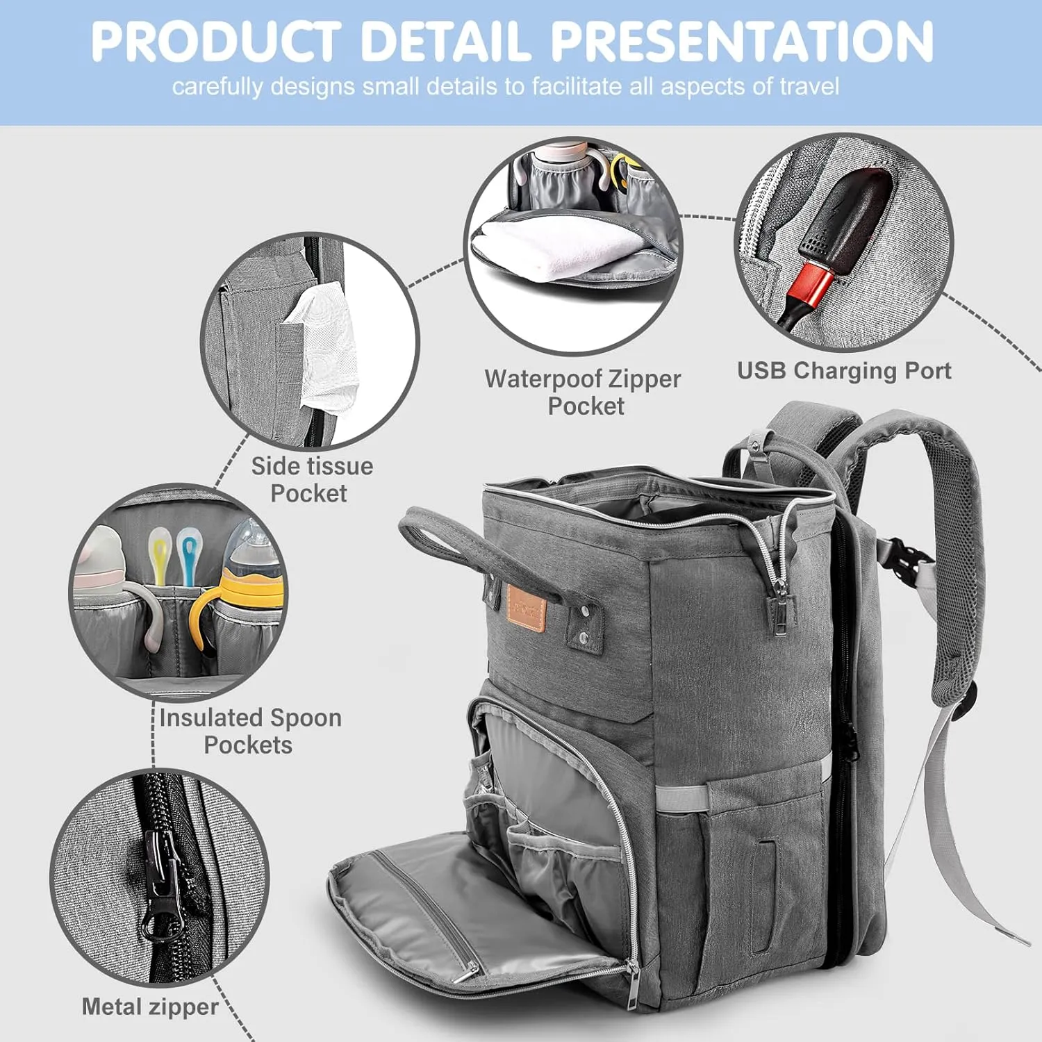Diaper Bag Backpack, Large Capacity Multifunction Baby Bag with Changing Pad for Boy Girl, Travel for Moms Dads, Baby Registry Search Shower Gifts Waterproof and Stylish DarkGray
