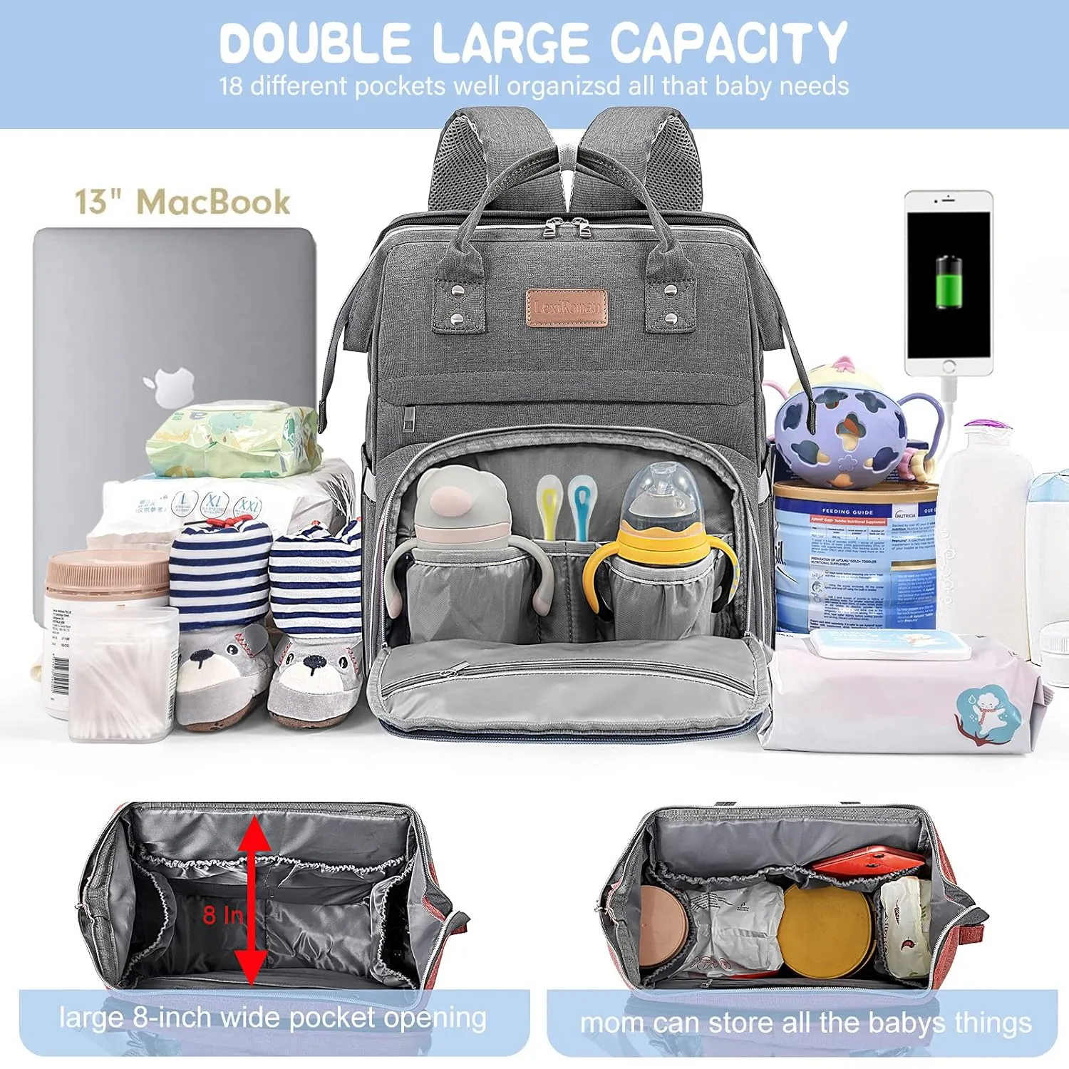 Diaper Bag Backpack, Large Capacity Multifunction Baby Bag with Changing Pad for Boy Girl, Travel for Moms Dads, Baby Registry Search Shower Gifts Waterproof and Stylish DarkGray