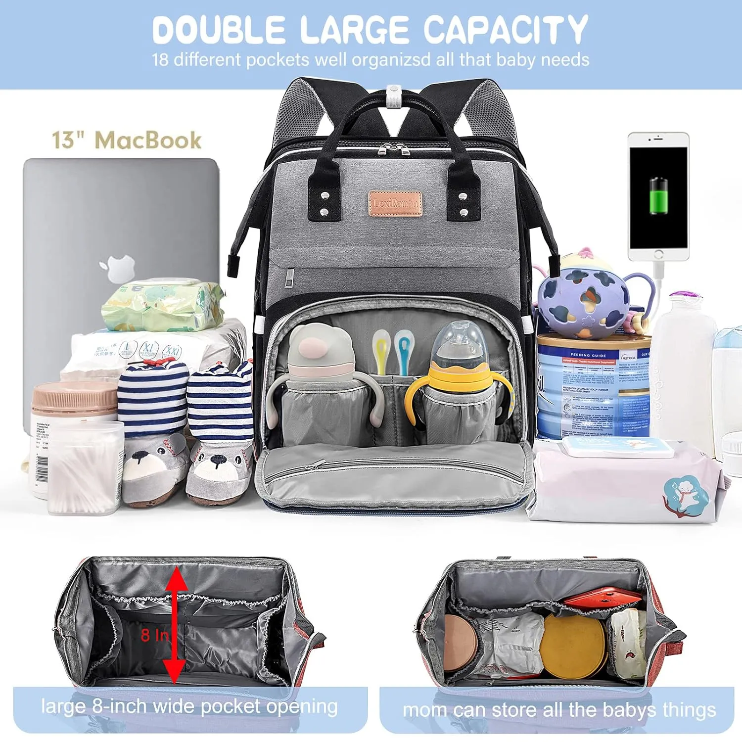 Diaper Bag Backpack, Large Capacity Multifunction Diaper Backpack with Changing Pad for Boy Girl, Travel Baby Bag for Moms Dads, Baby Registry Search Shower Gifts Black Gray